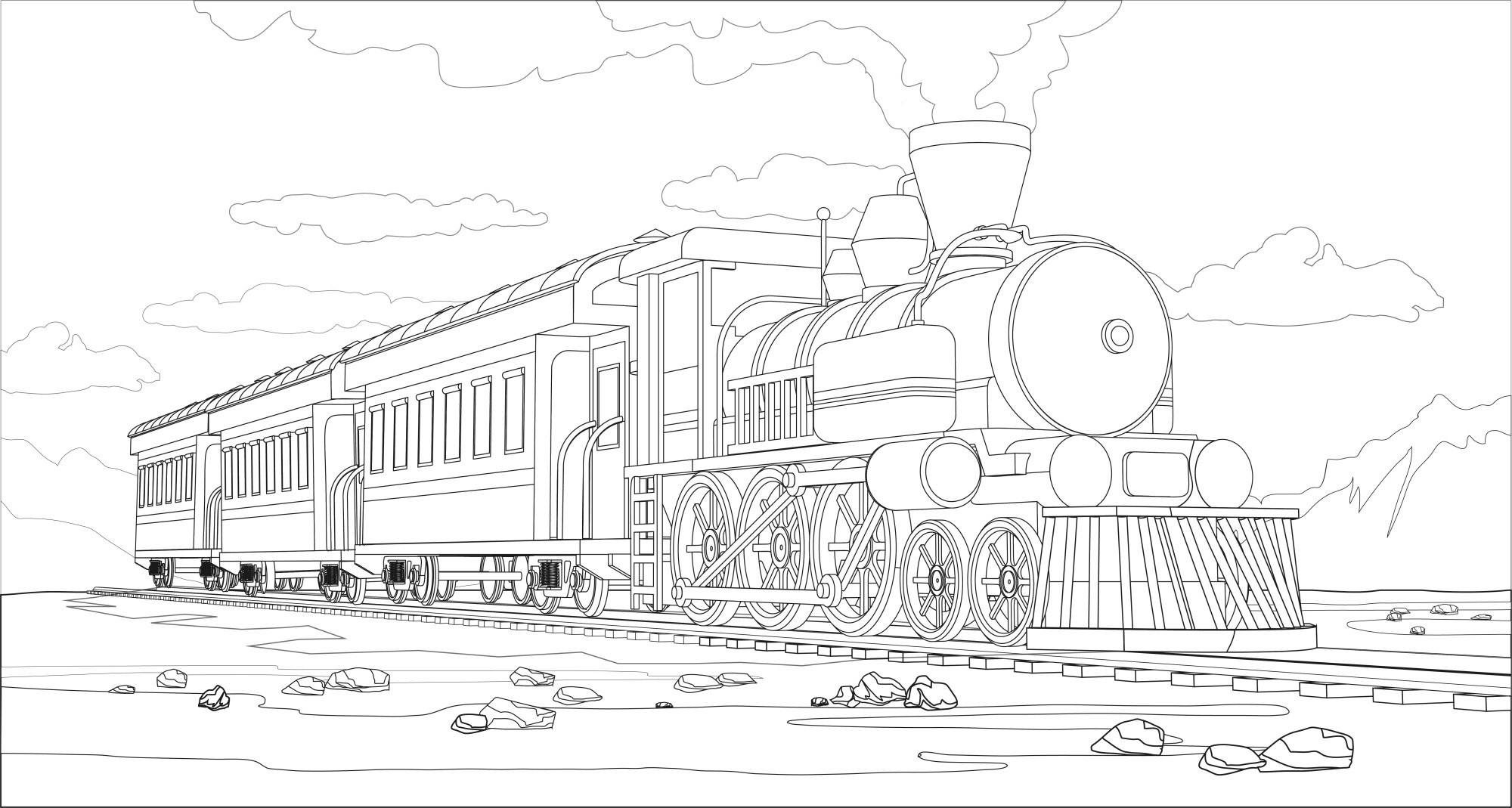 Раскраска для детей: старый локомотив с вагонами на фоне природы