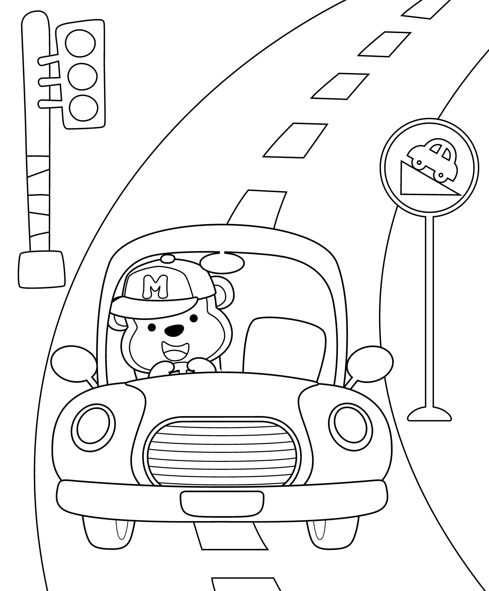 Раскраска для детей: мишка едет по дороге за рулем такси