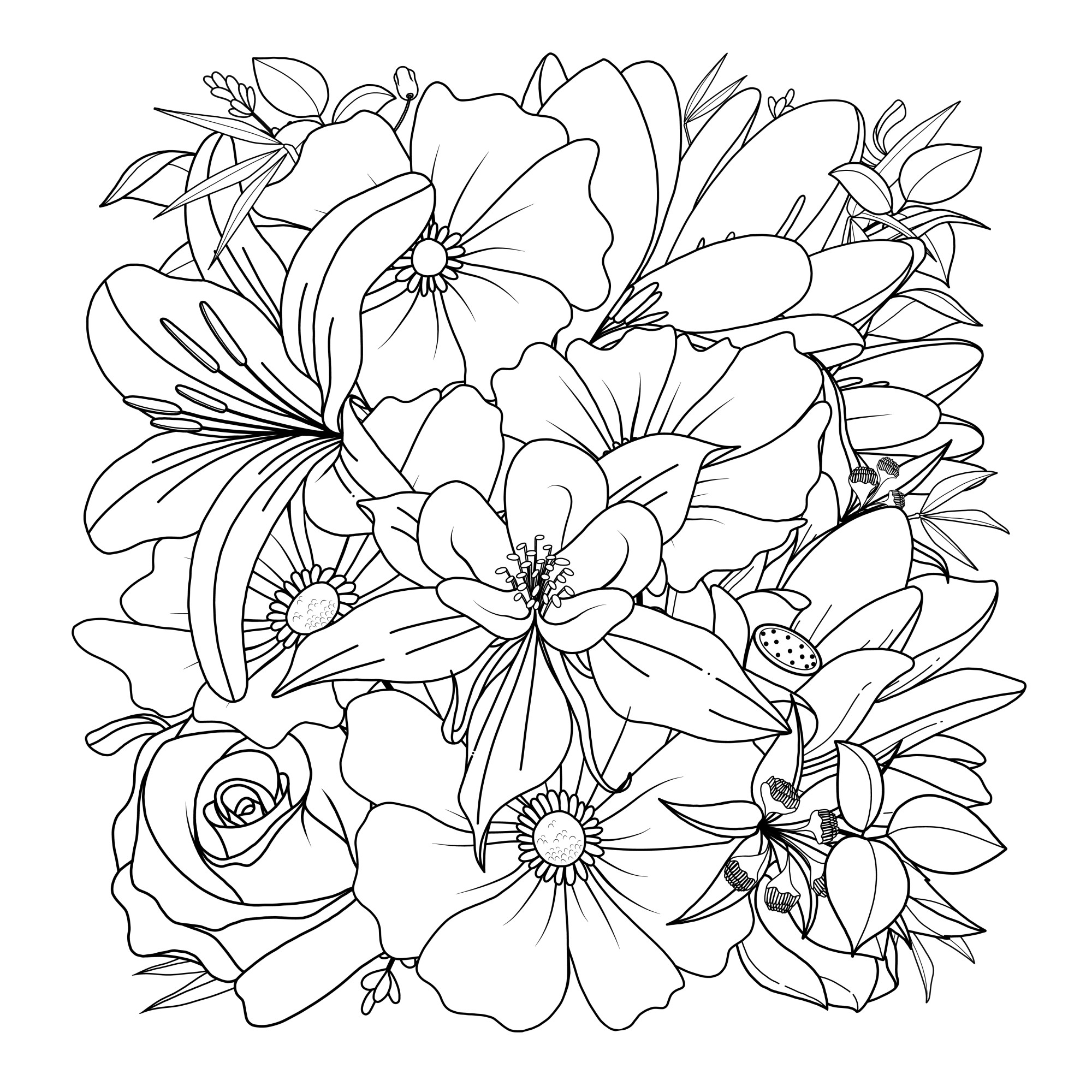 Раскраска для детей: цветочная иллюстрация роза ромашка георгина