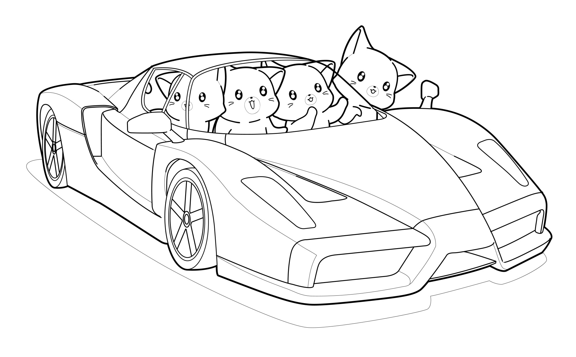 Раскраска для детей: гоночная машина с котятами