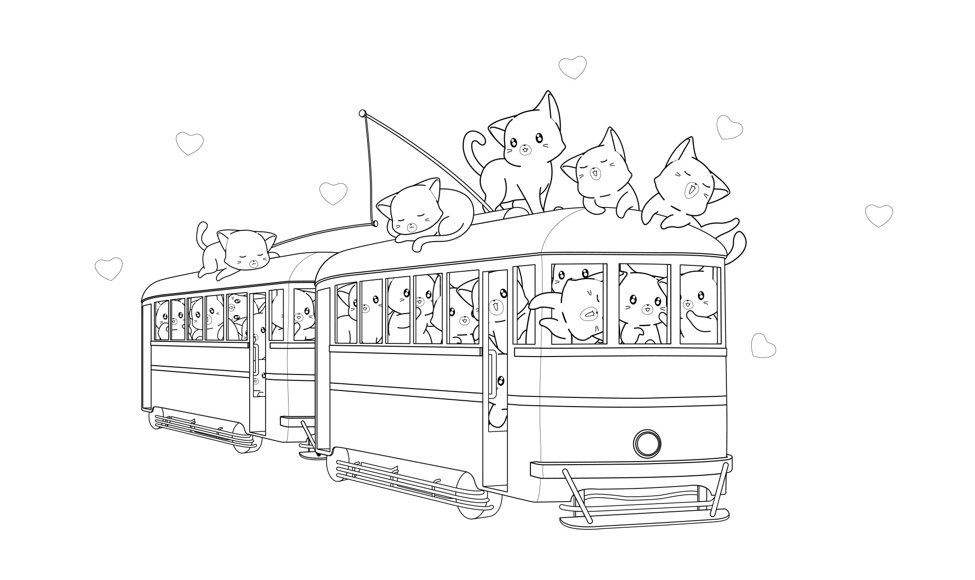 Раскраска для детей: трамвай с кошками