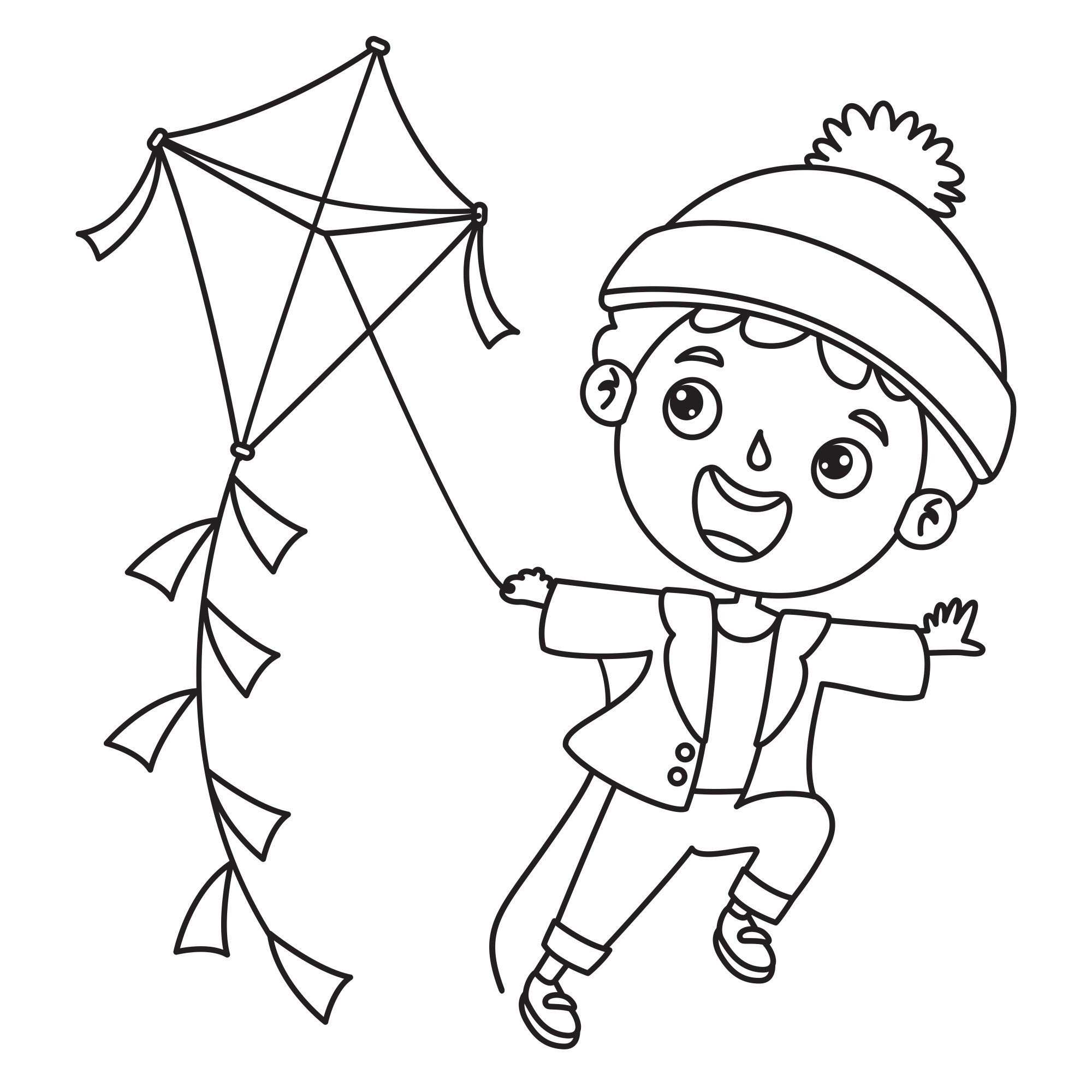 Раскраска для детей: мальчик в шапке запускает воздушного змея