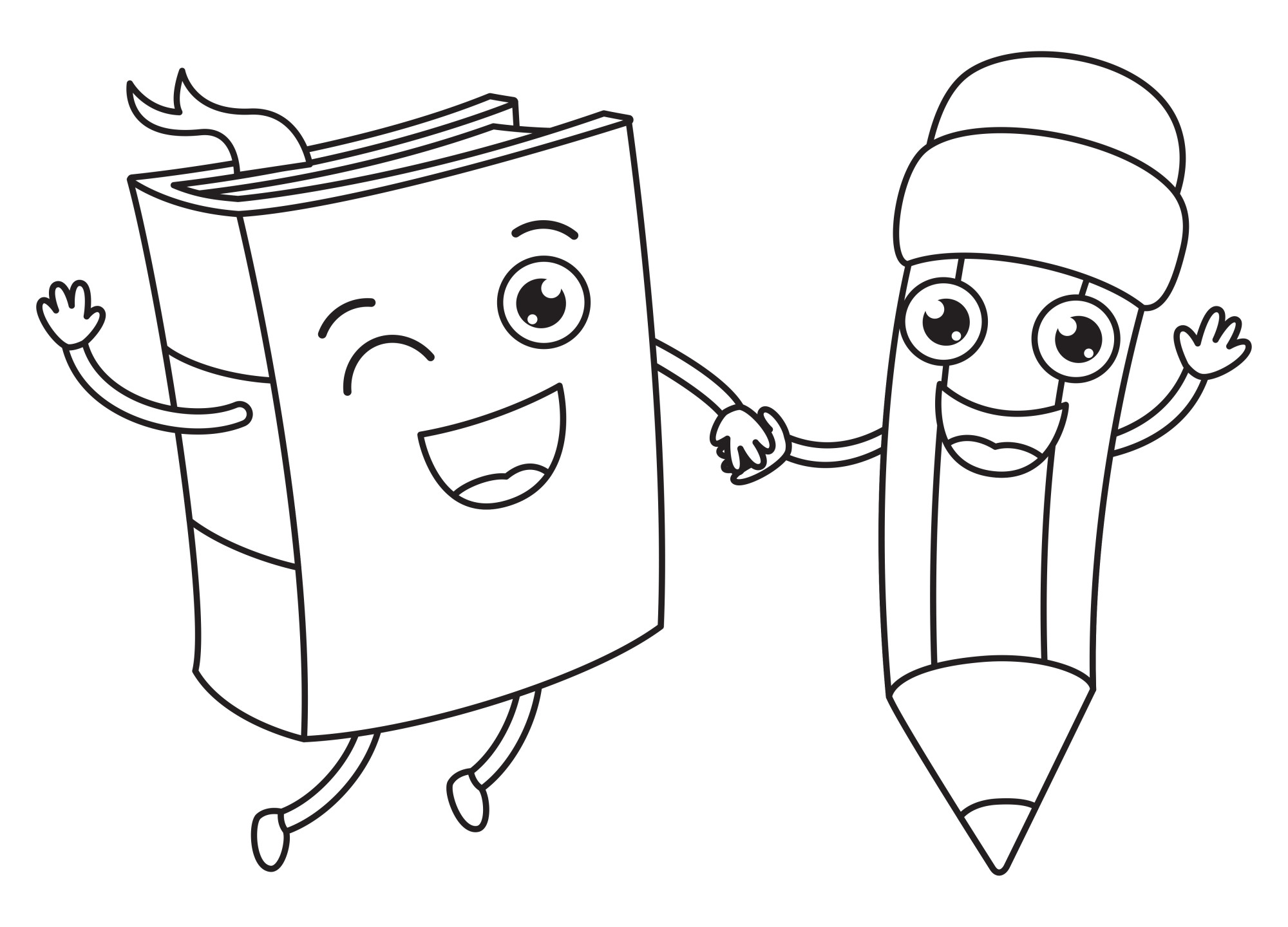 Раскраска для детей: игрушечные книжка и карандаш с лицами