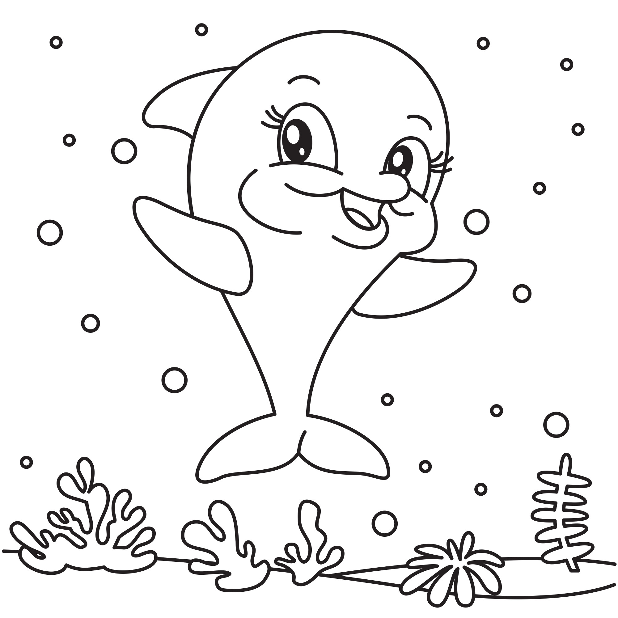 Раскраска для детей: маленький мультяшный дельфин улыбается