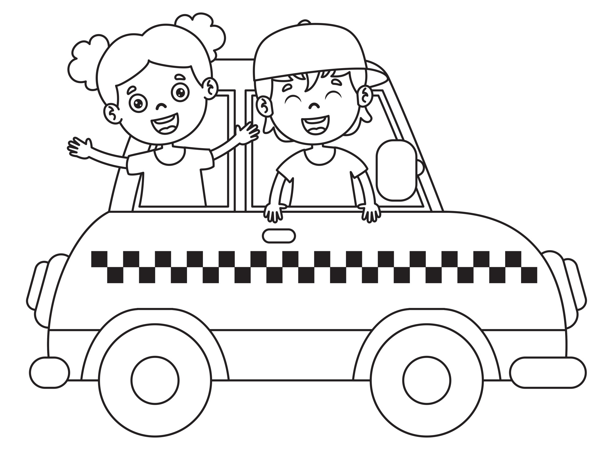 Раскраска для детей: радостные дети едут на такси