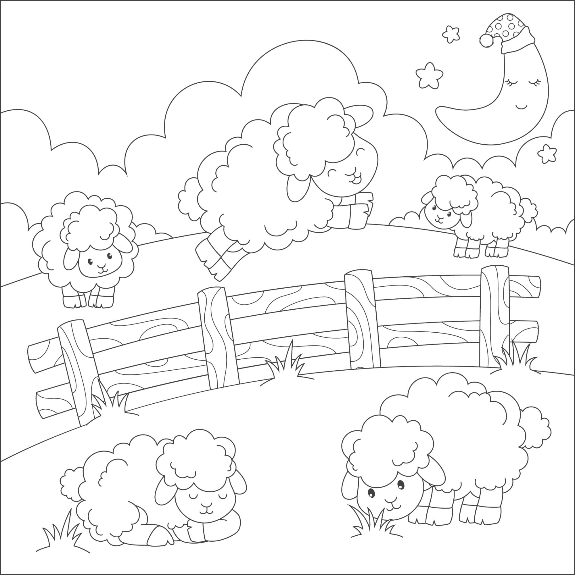 Раскраска для детей: овечки прыгают через забор на ферме