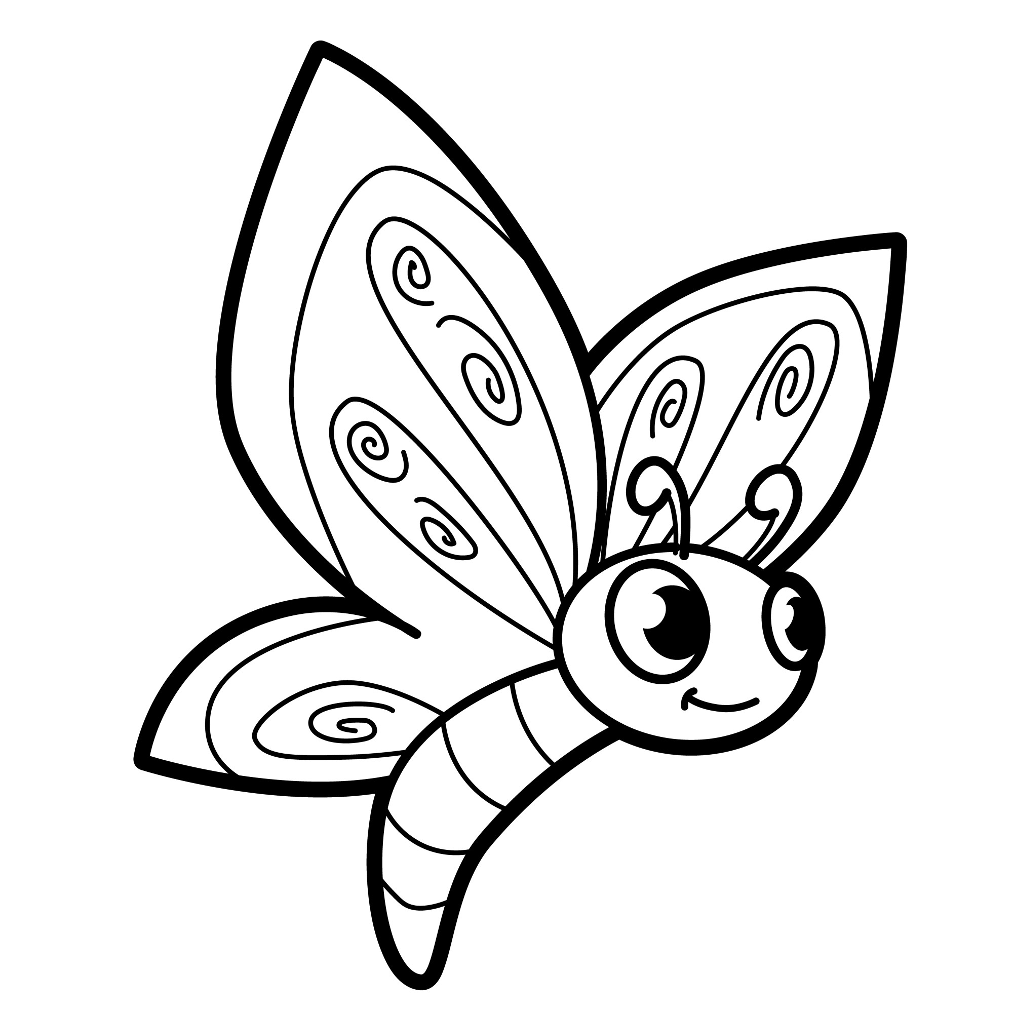 Раскраска для детей: маленькая мультяшная бабочка с большими глазами