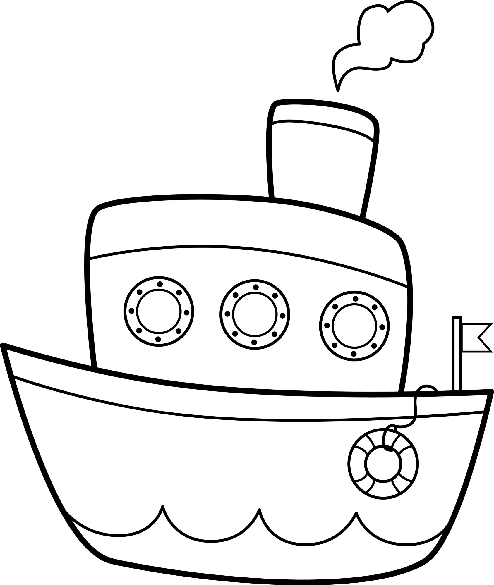 Раскраска для детей: игрушечный кораблик с иллюминаторами и паром из трубы