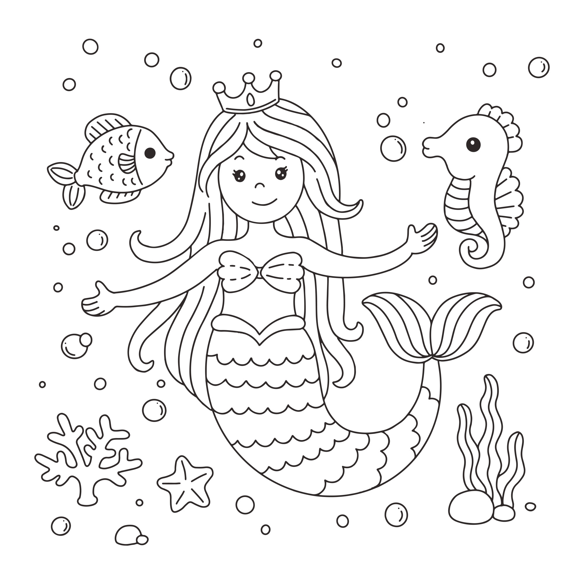 Раскраска для детей: русалочка с рыбками и морскими коньками