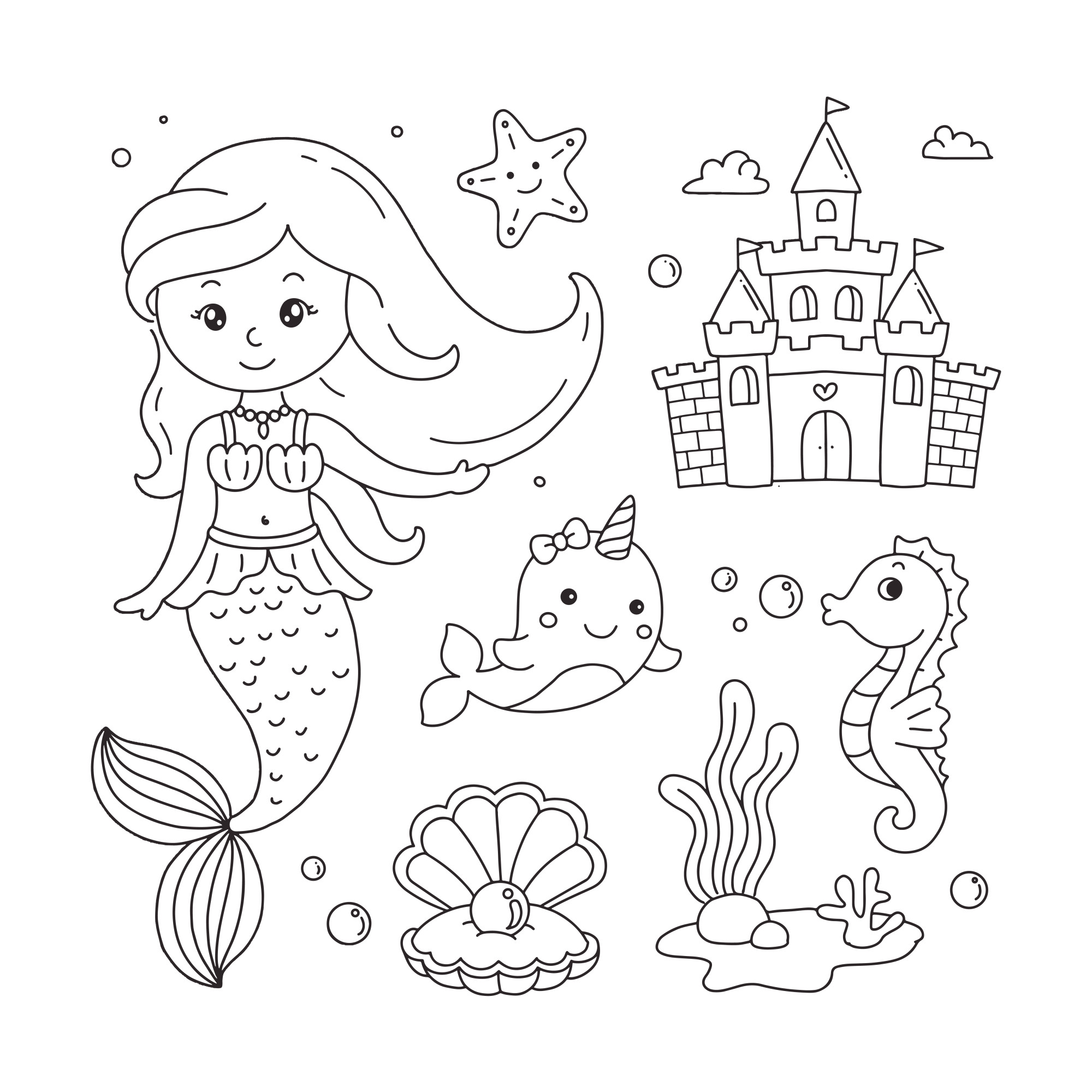 Раскраска для детей: русалка с китом единорогом и морским коньком на фоне замка