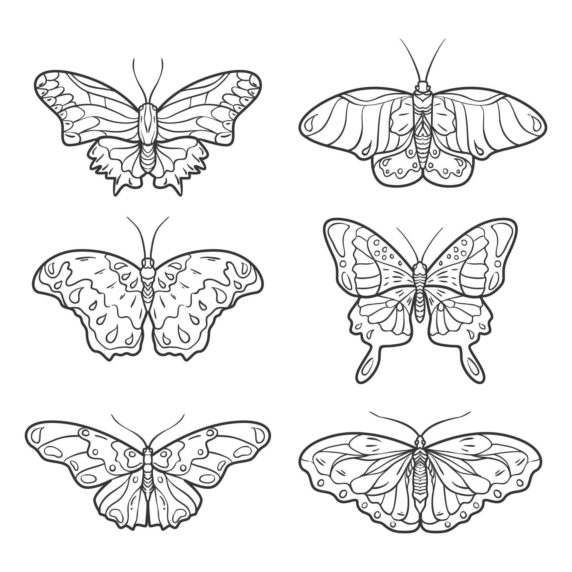 Раскраска для детей: набор из шести бабочек