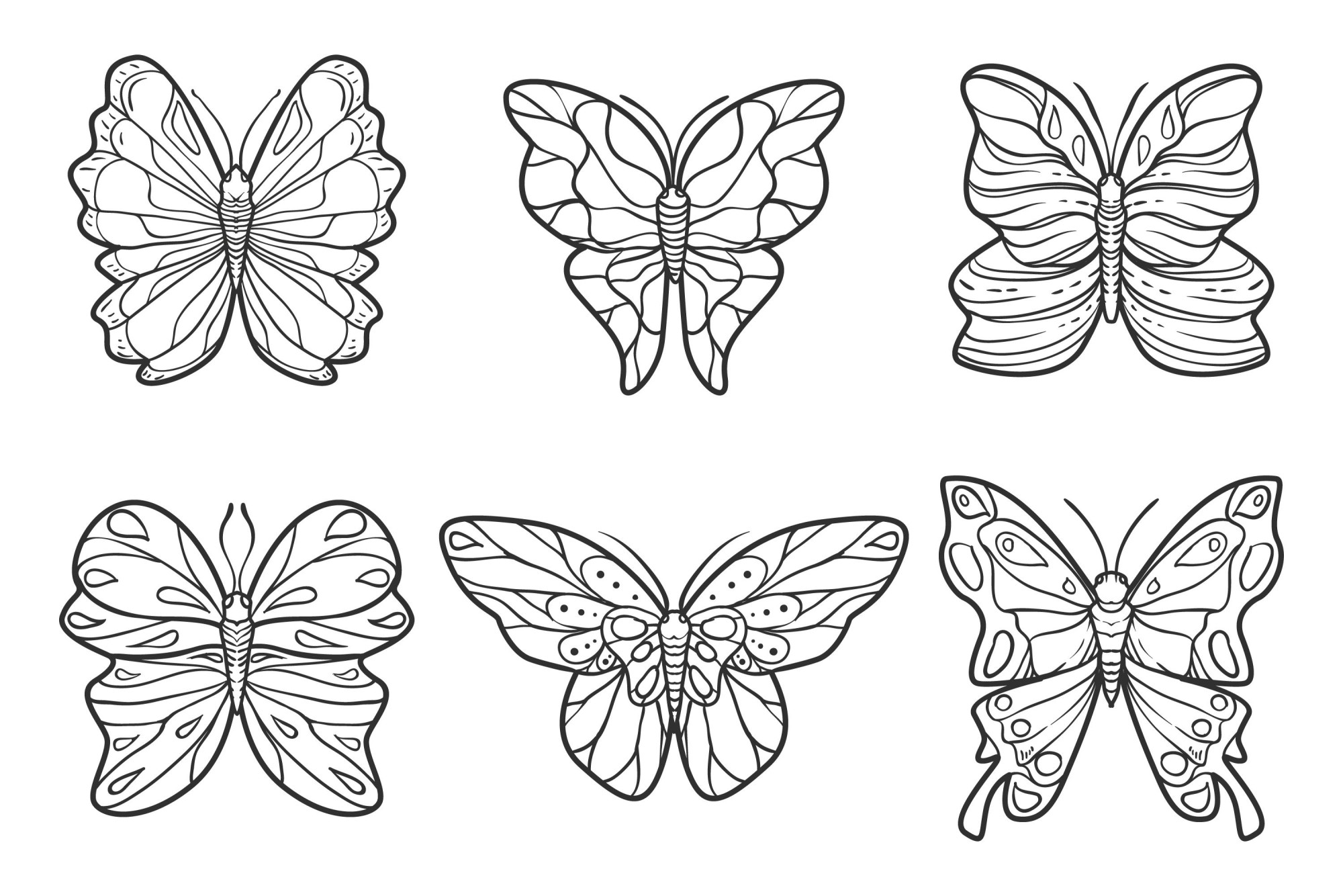 Раскраска для детей: коллекция из шести милых бабочек