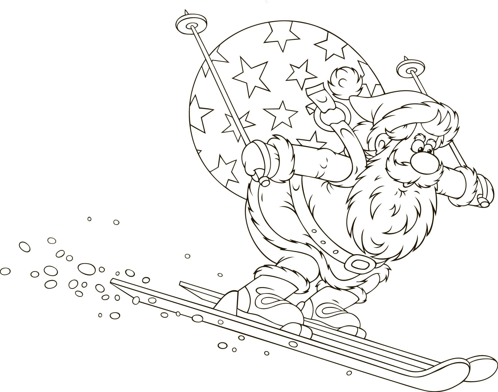Раскраска для детей: дед мороз с мешком подарков катается на лыжах