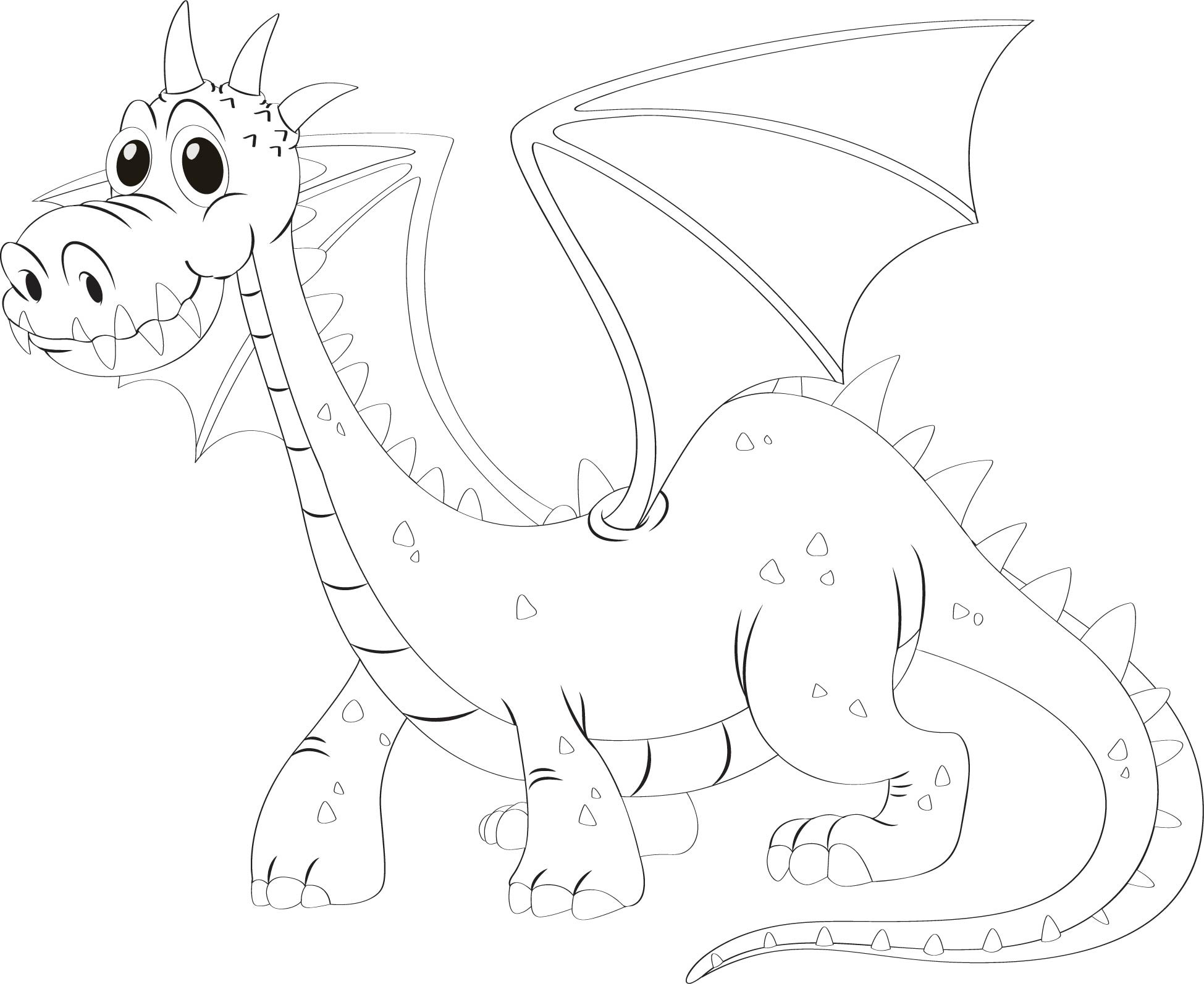 Раскраска для детей: большой дракон с крыльями и длинным хвостом