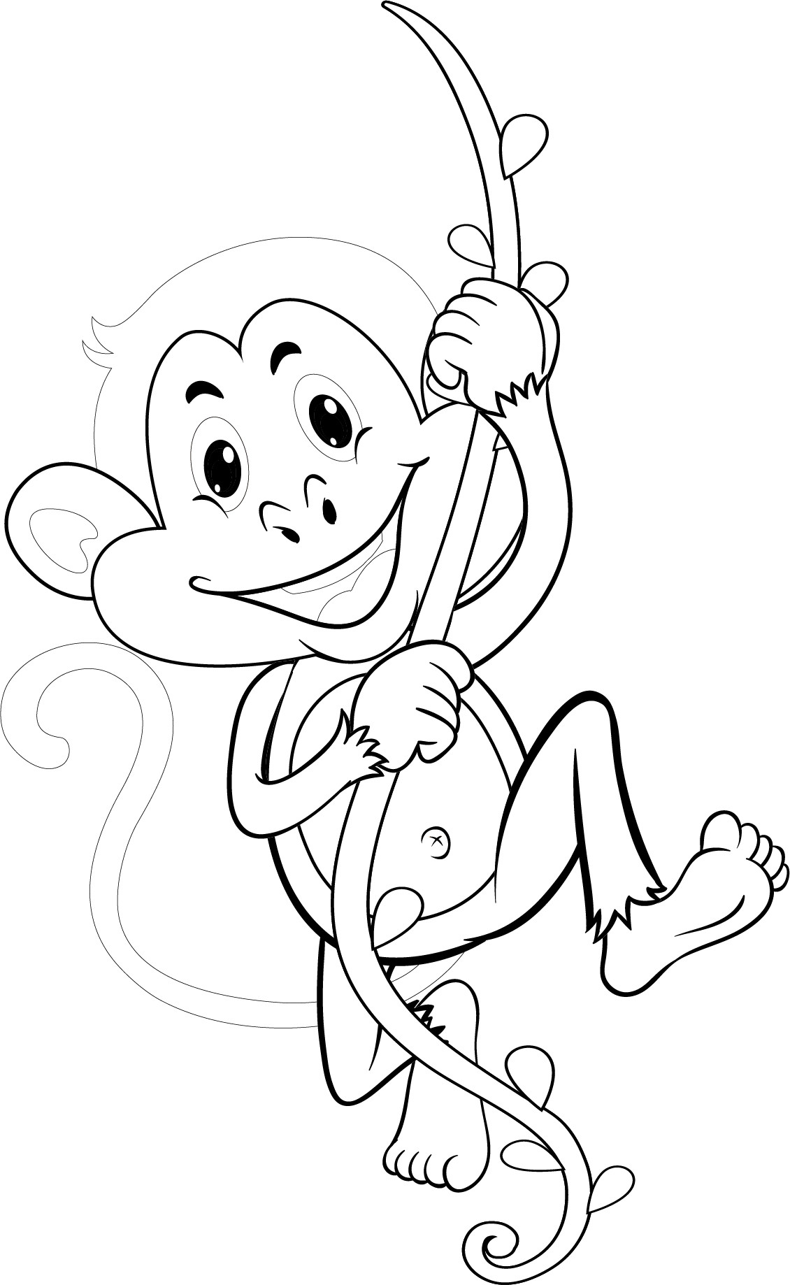 Раскраска для детей: обезьяна катается на длинной лиане