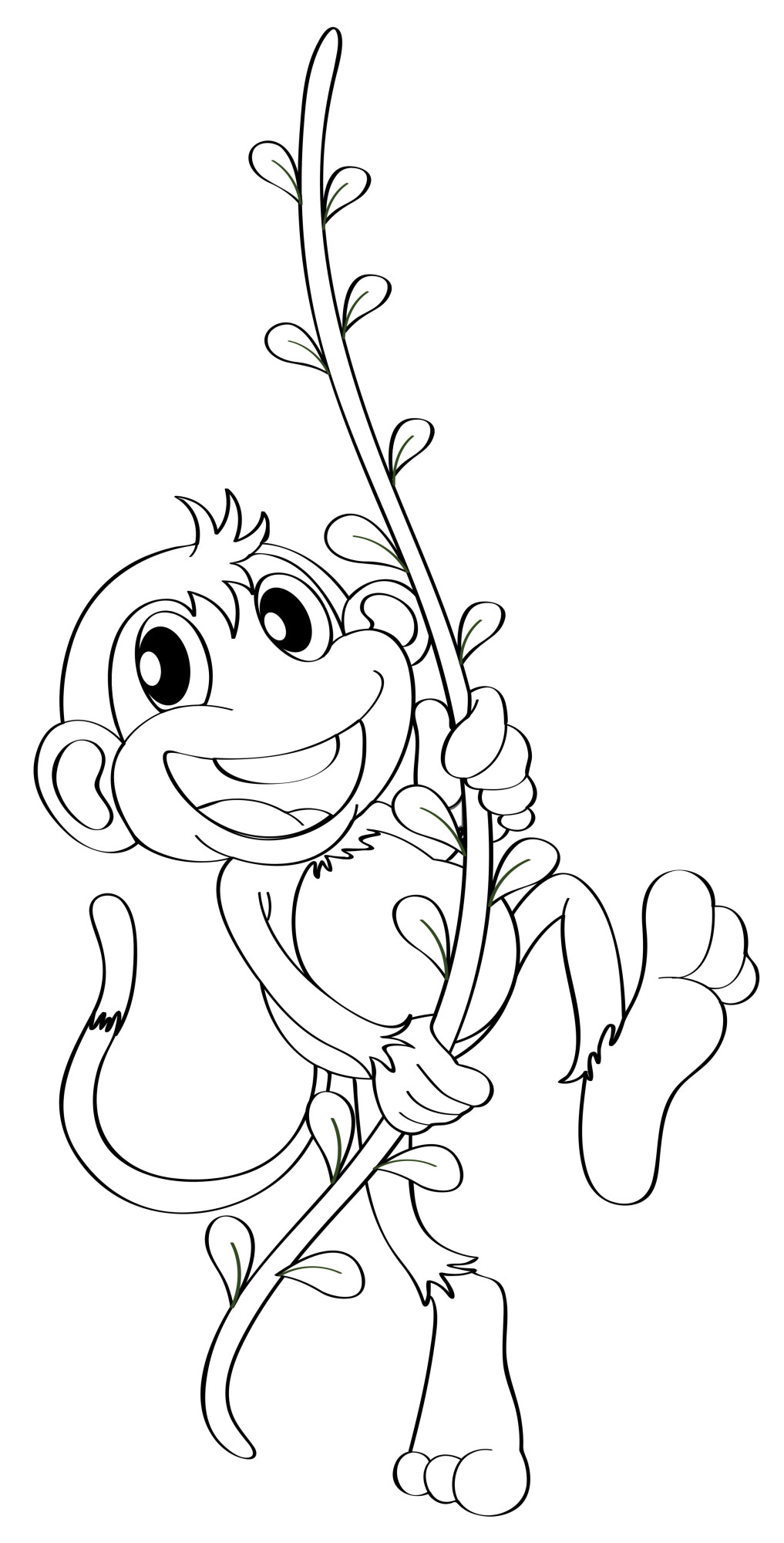 Раскраска для детей: обезьяна катается на лиане