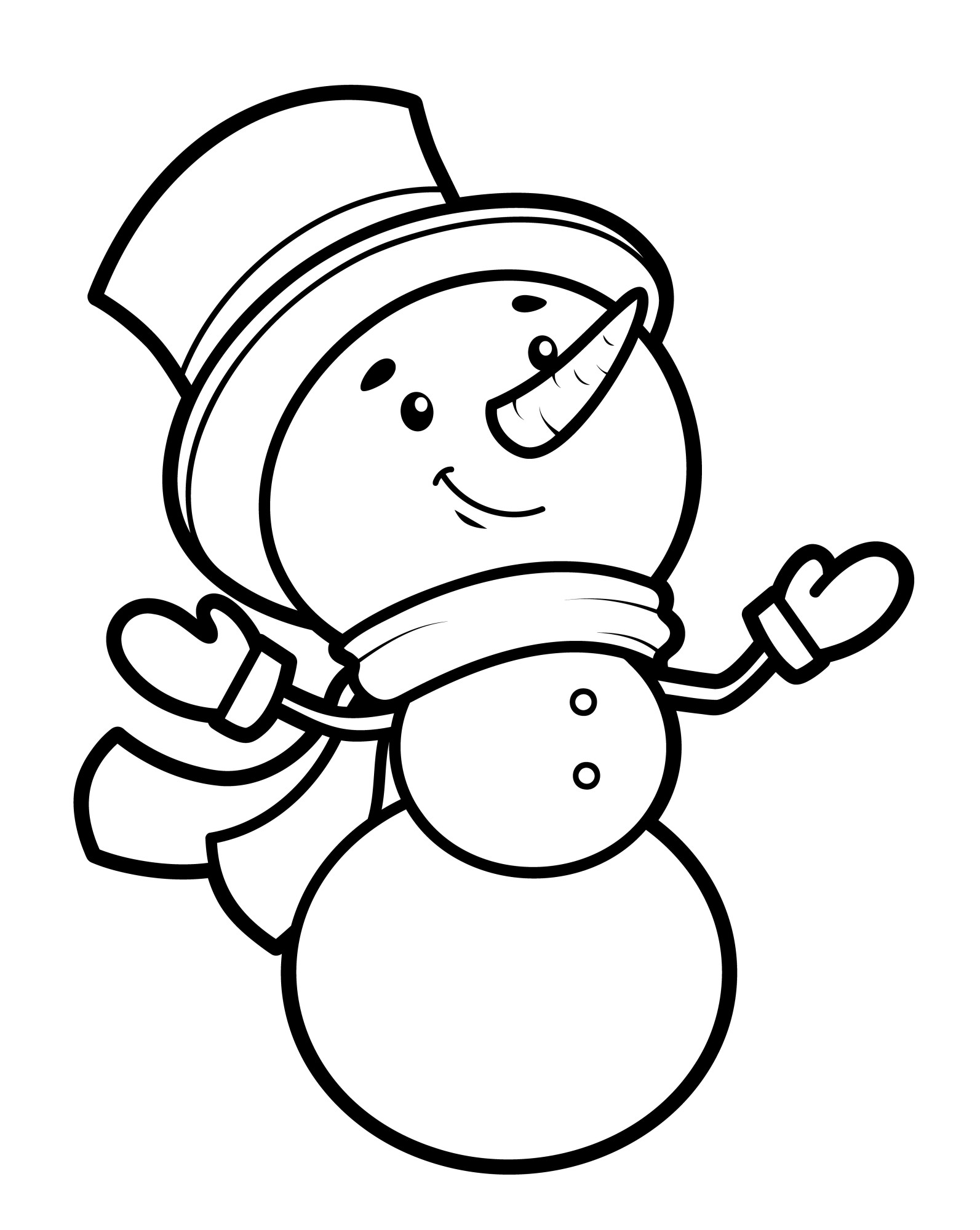 Раскраска для детей: снеговики в шляпе и варежках