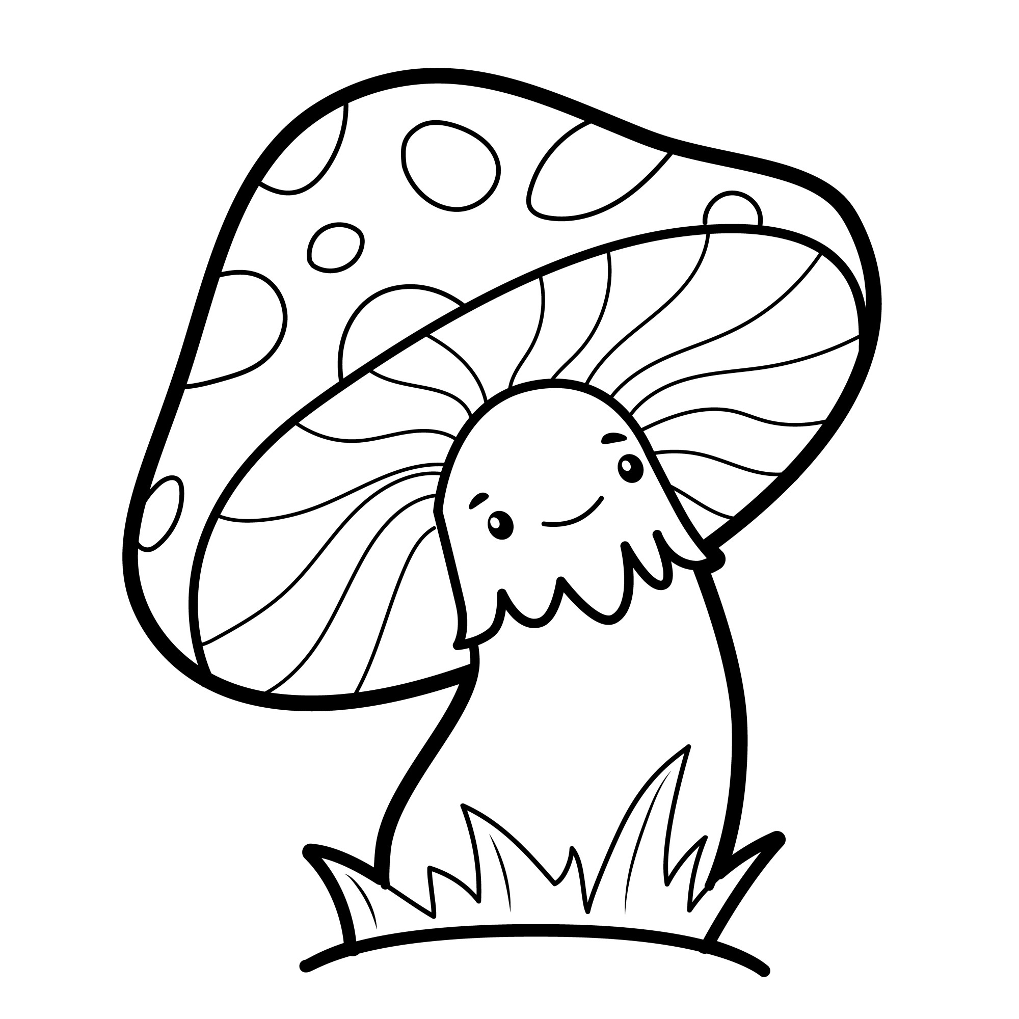 Раскраска для детей: сказочный гриб с веселой мордочкой