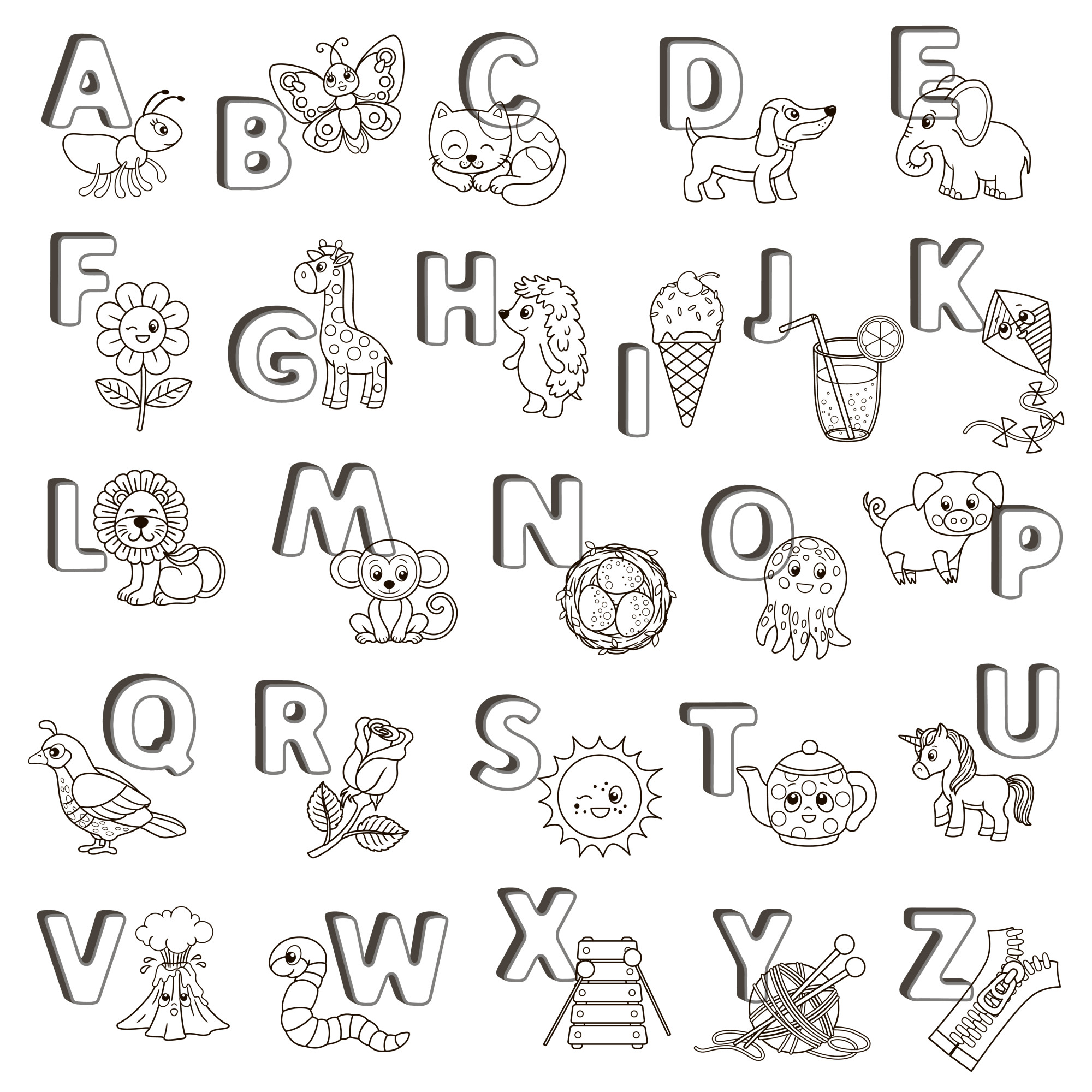 Раскраска для детей: английский алфавит с животными