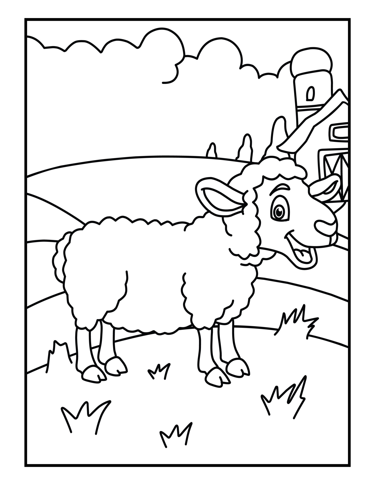 Раскраска для детей: забавная овца на ферме