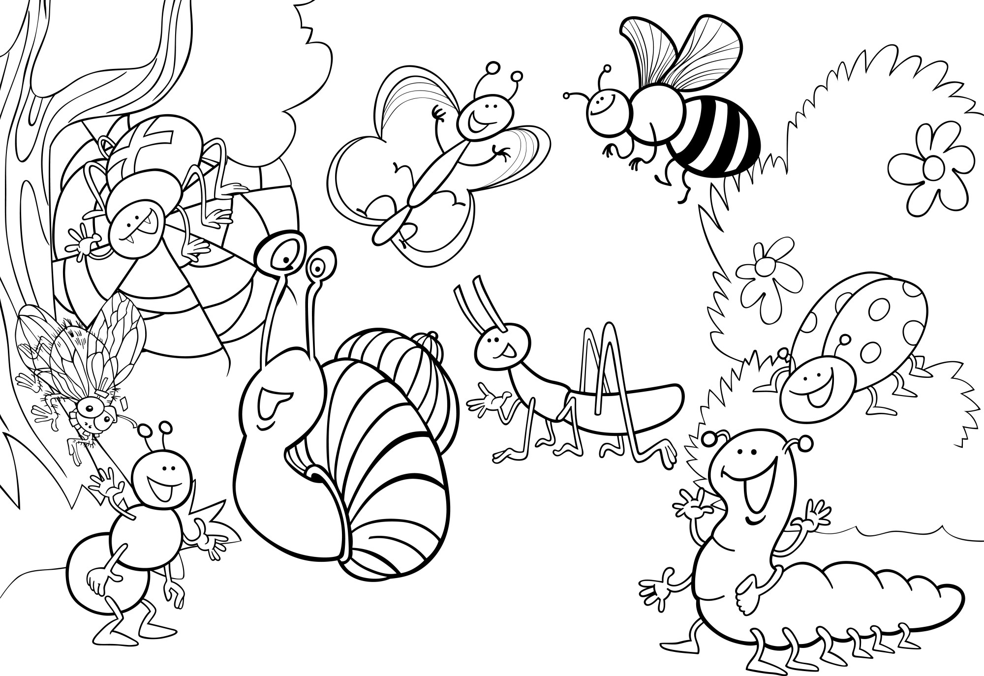 Раскраска для детей: насекомые и божья коровка играют в саду