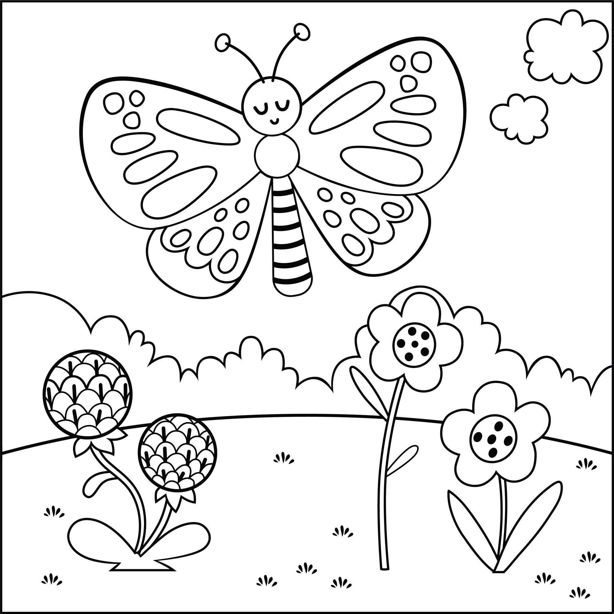 Раскраска для детей: бабочка в поле с цветами на фоне облаков