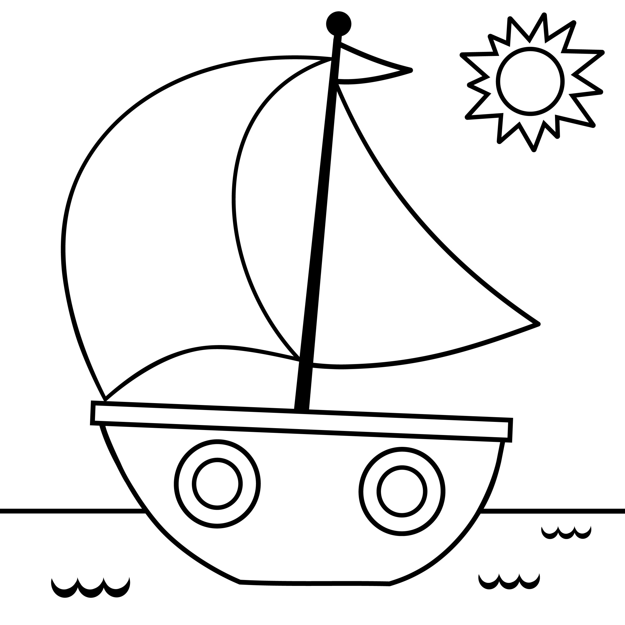 Раскраска для детей: игрушечный кораблик и солнце