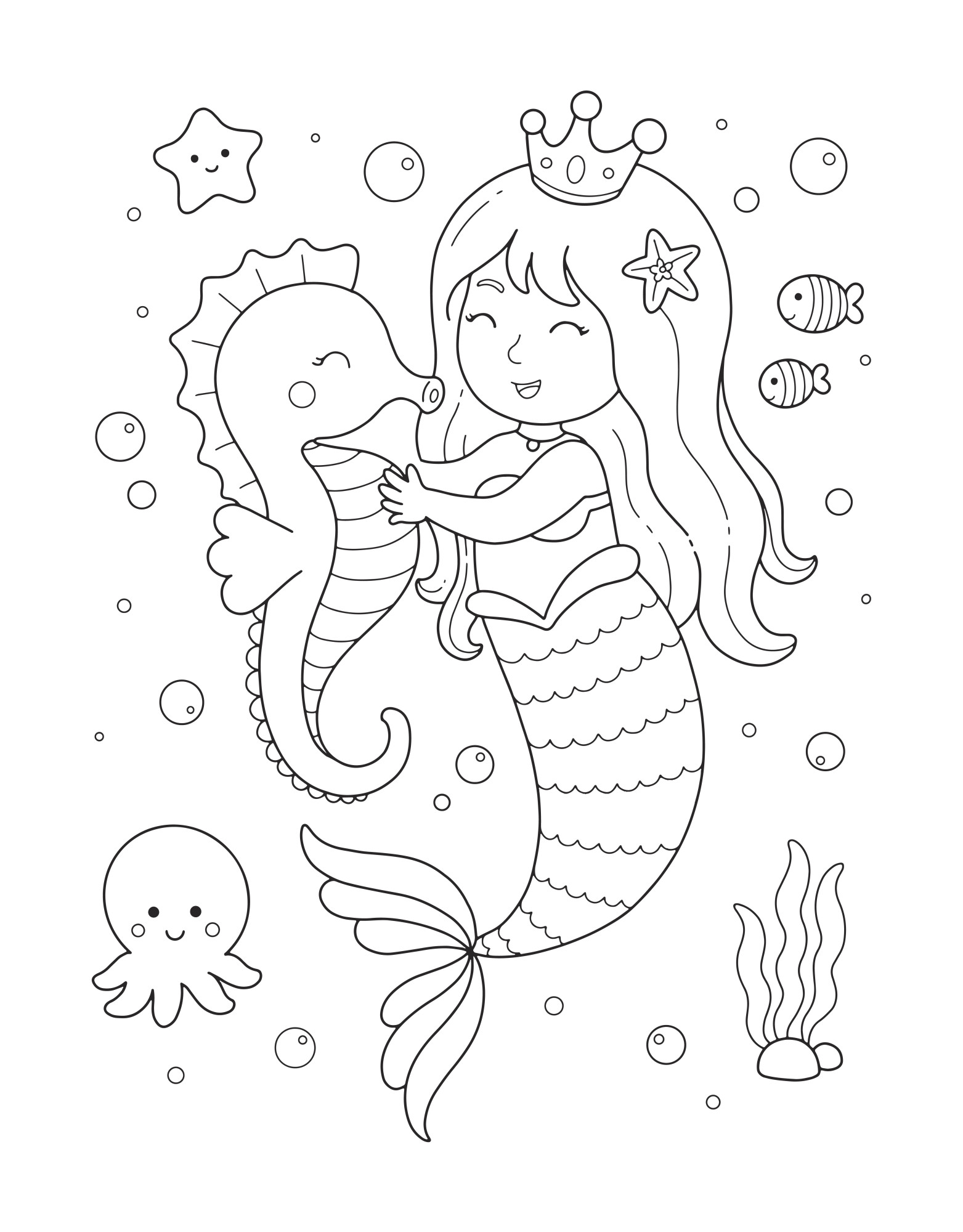Раскраска для детей: русалочка и милый морской конек