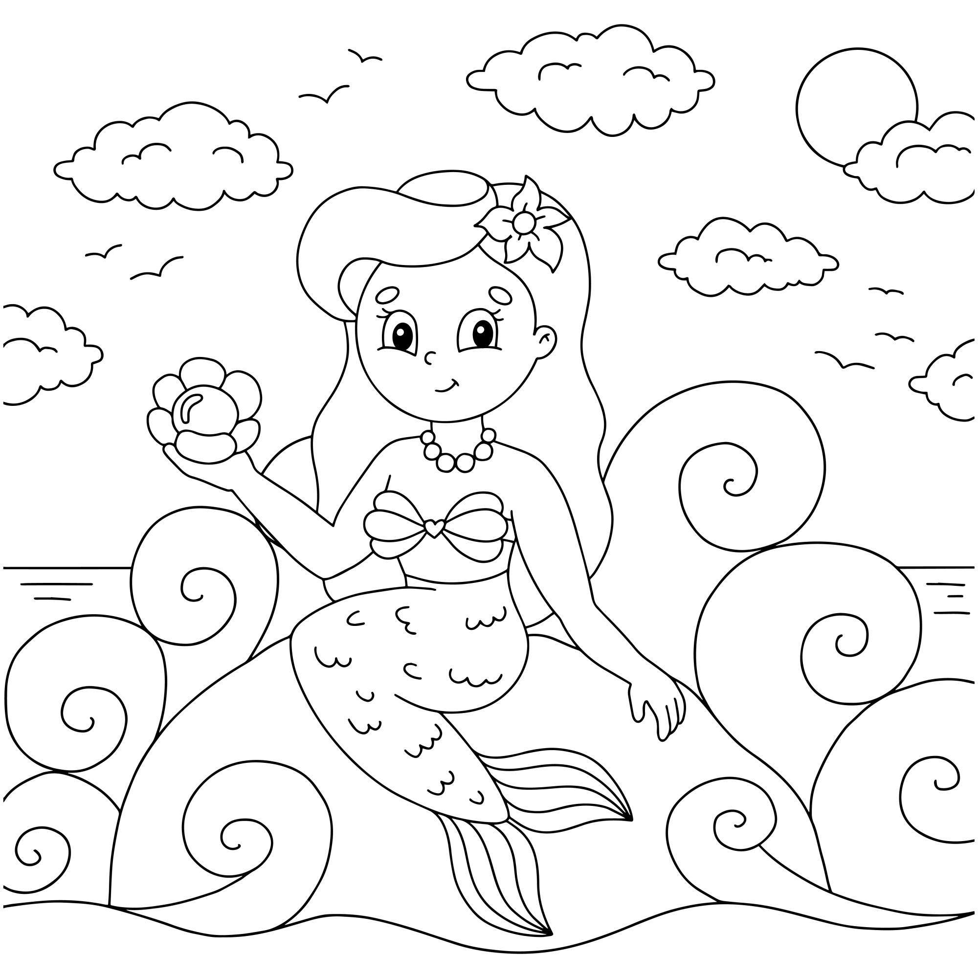 Раскраска для детей: морской бриз и молодая русалка на камне