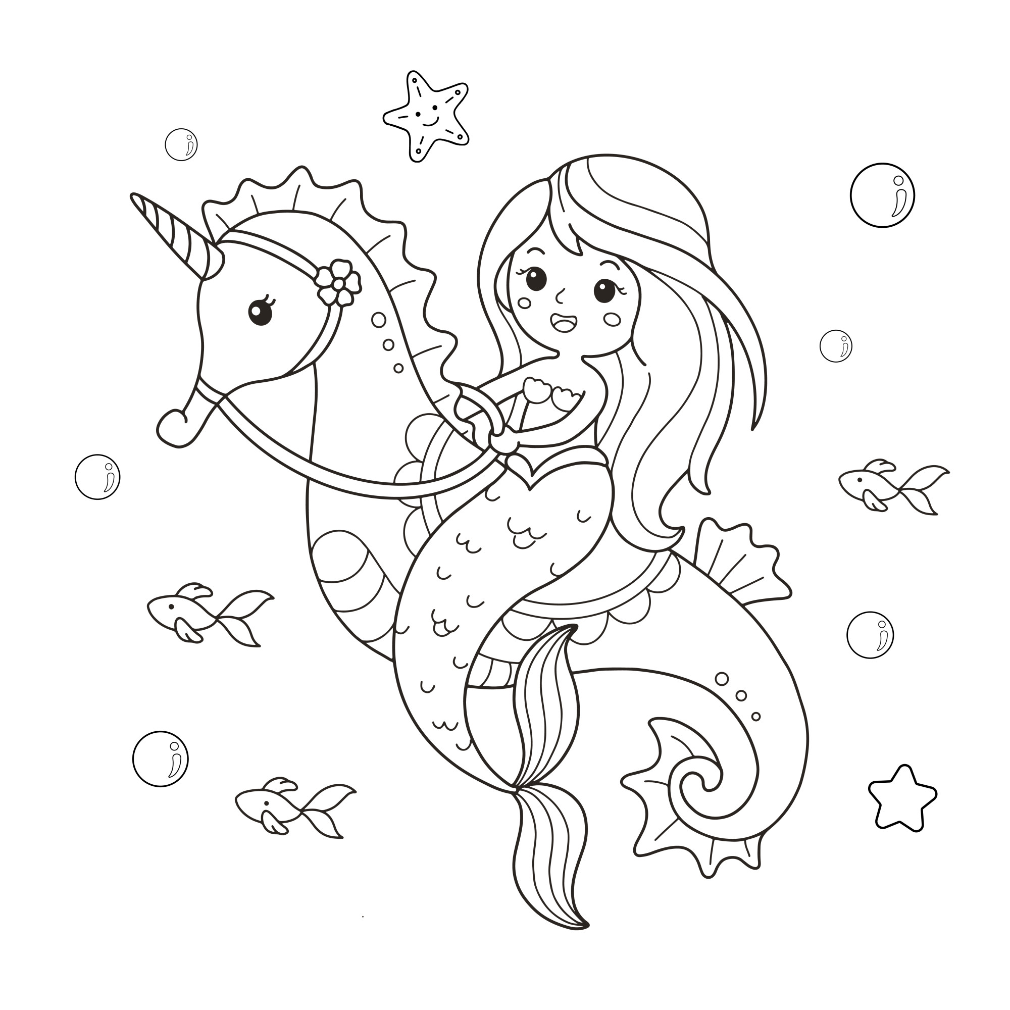 Раскраска для детей: русалка с длинными волосами верхом на морском коньке