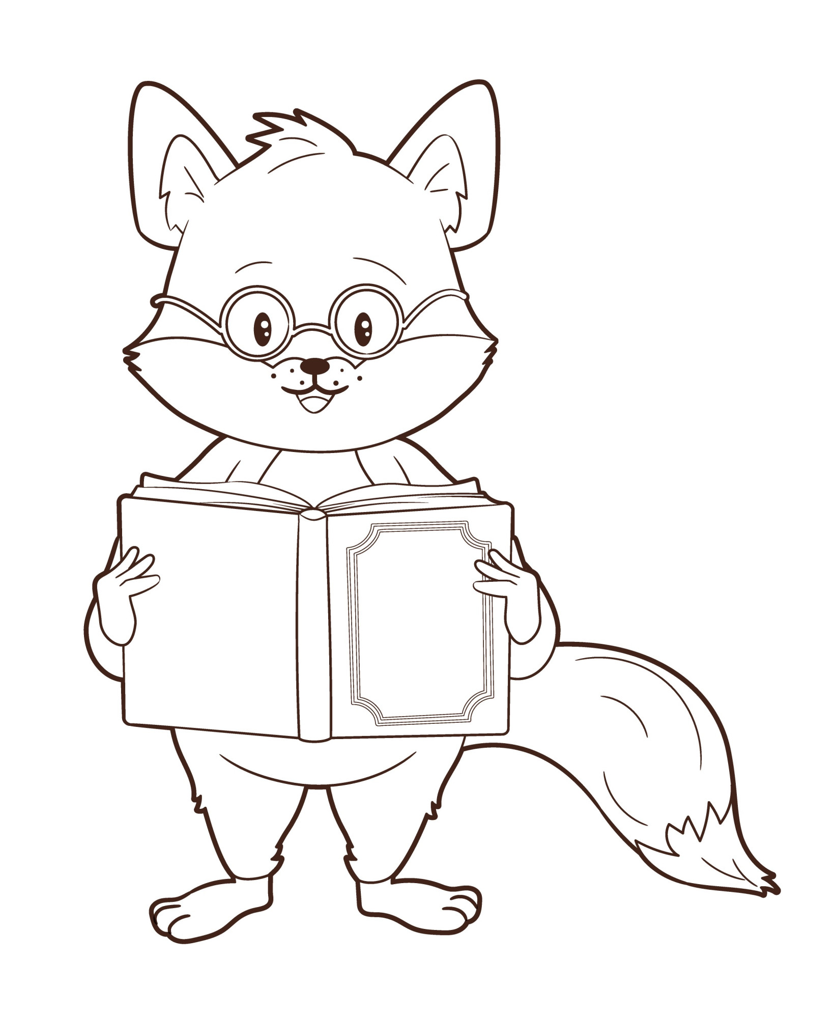 Раскраска для детей: умный лис читает книжку в очках
