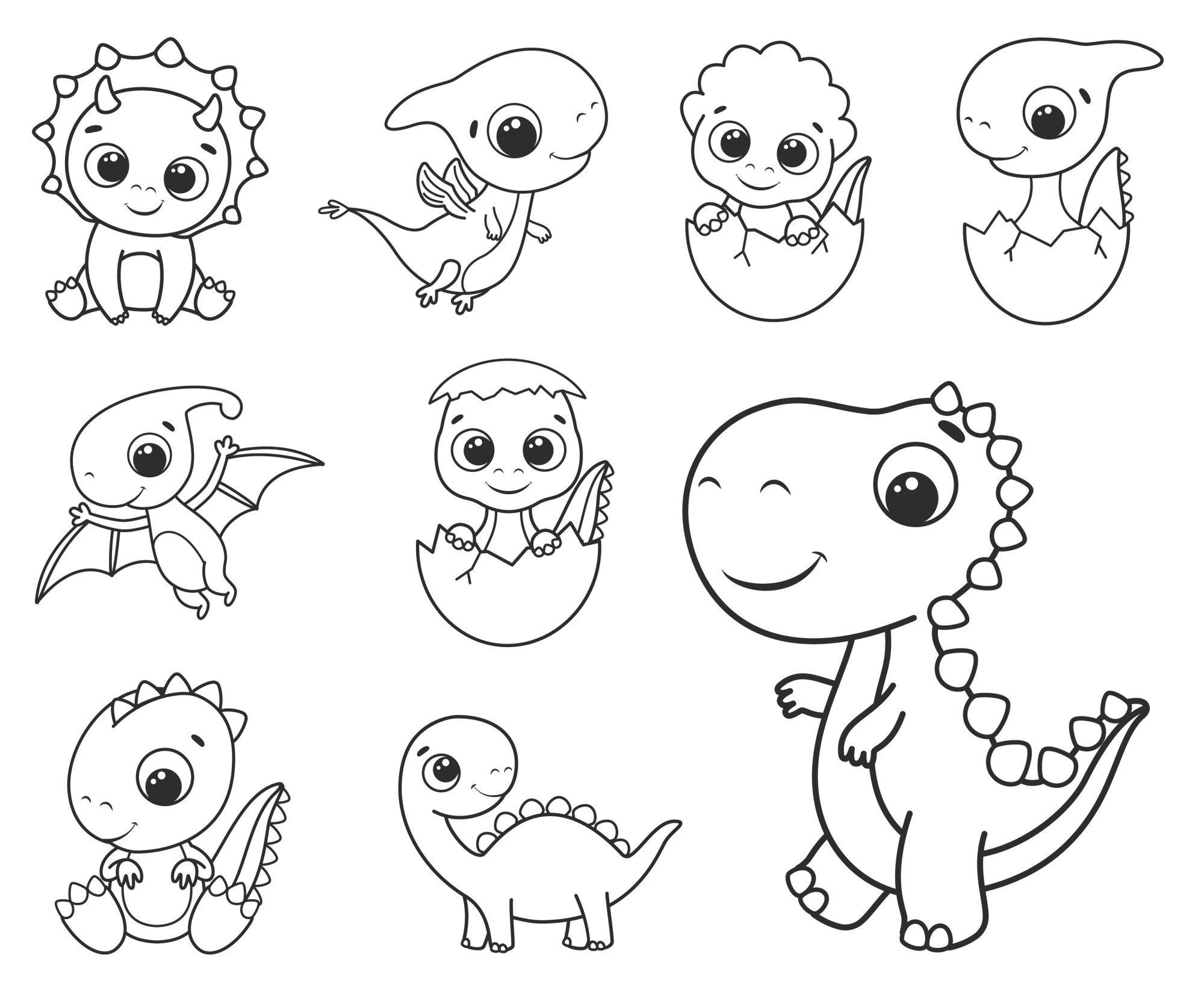 Раскраска для детей: набор милых мультяшных динозавров