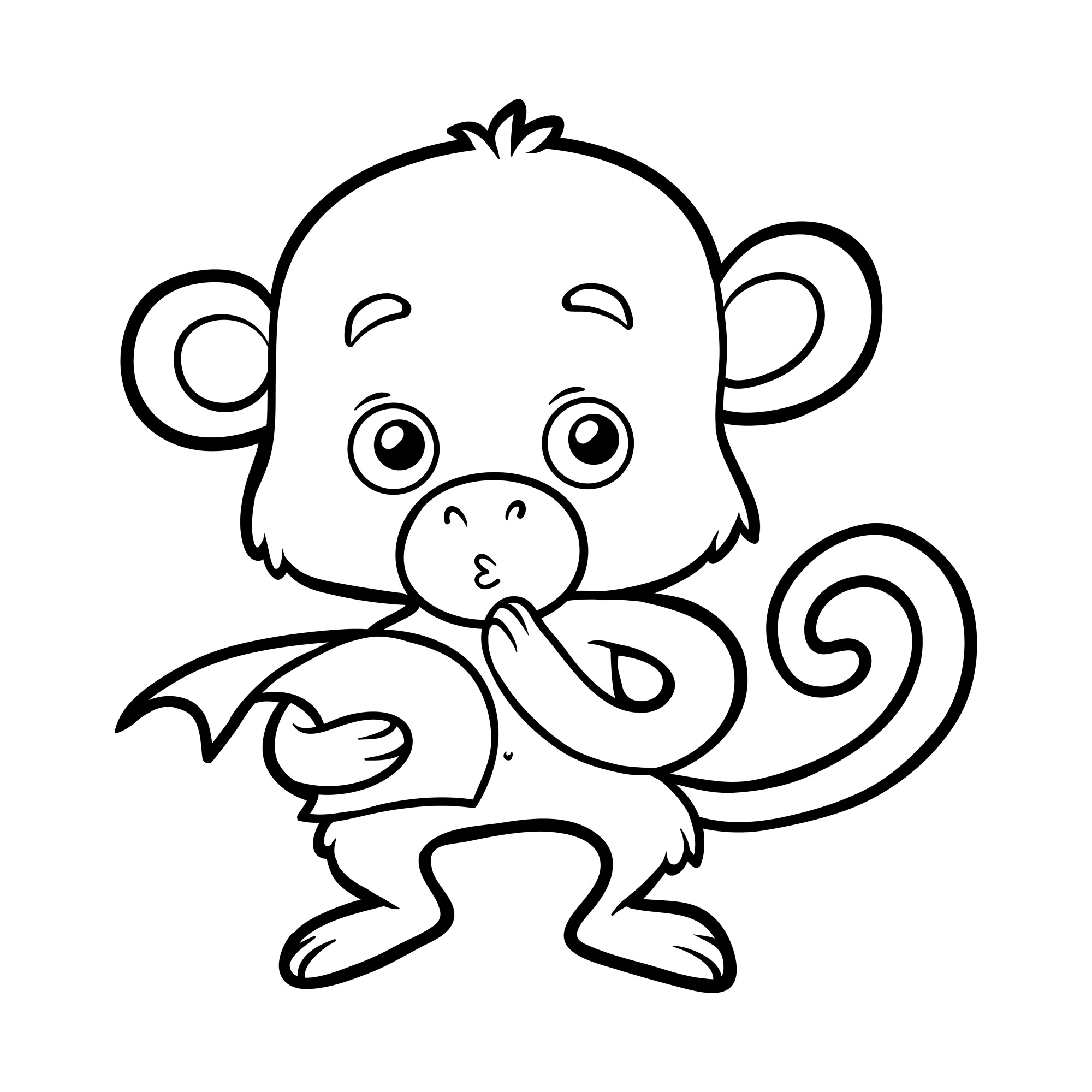 Раскраска для детей: задумчивая обезьяна c листом бумаги в руке