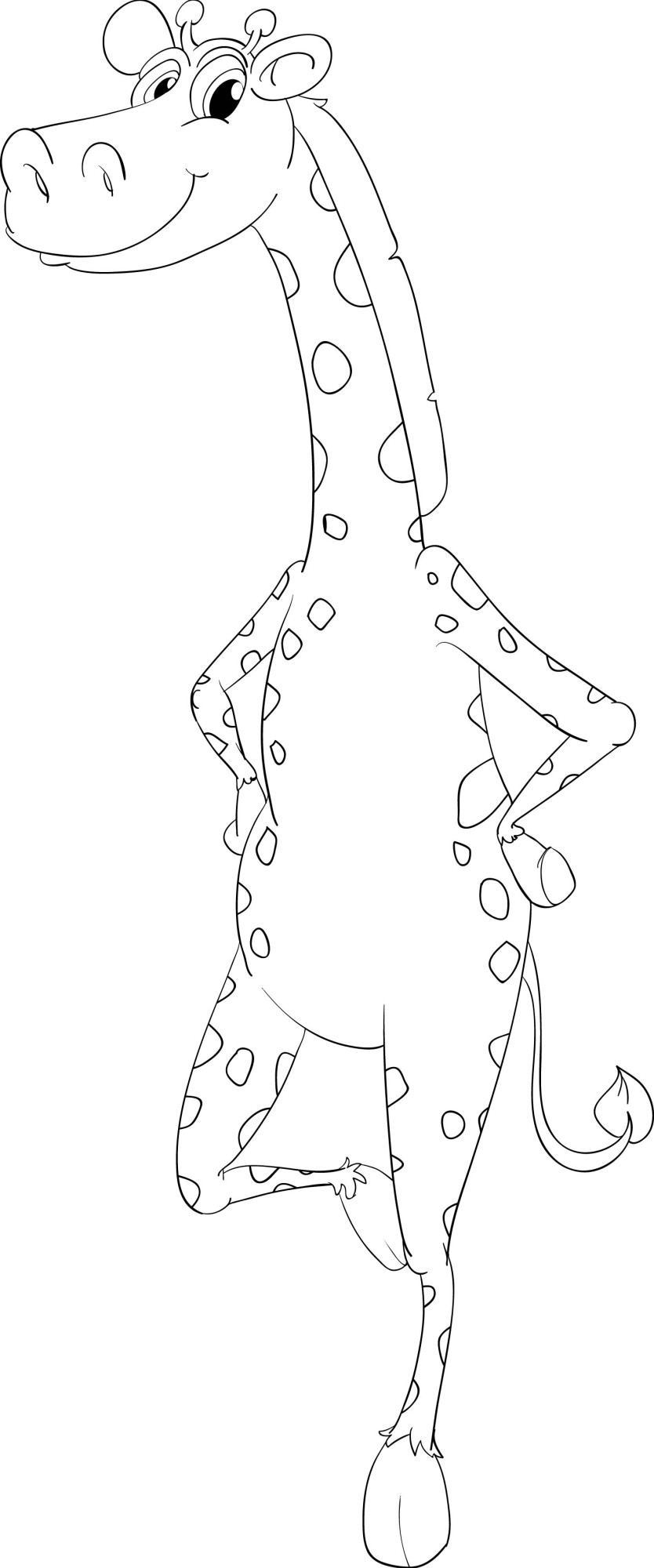 Раскраска для детей: игривый жираф из мультика стоит на двух ногах