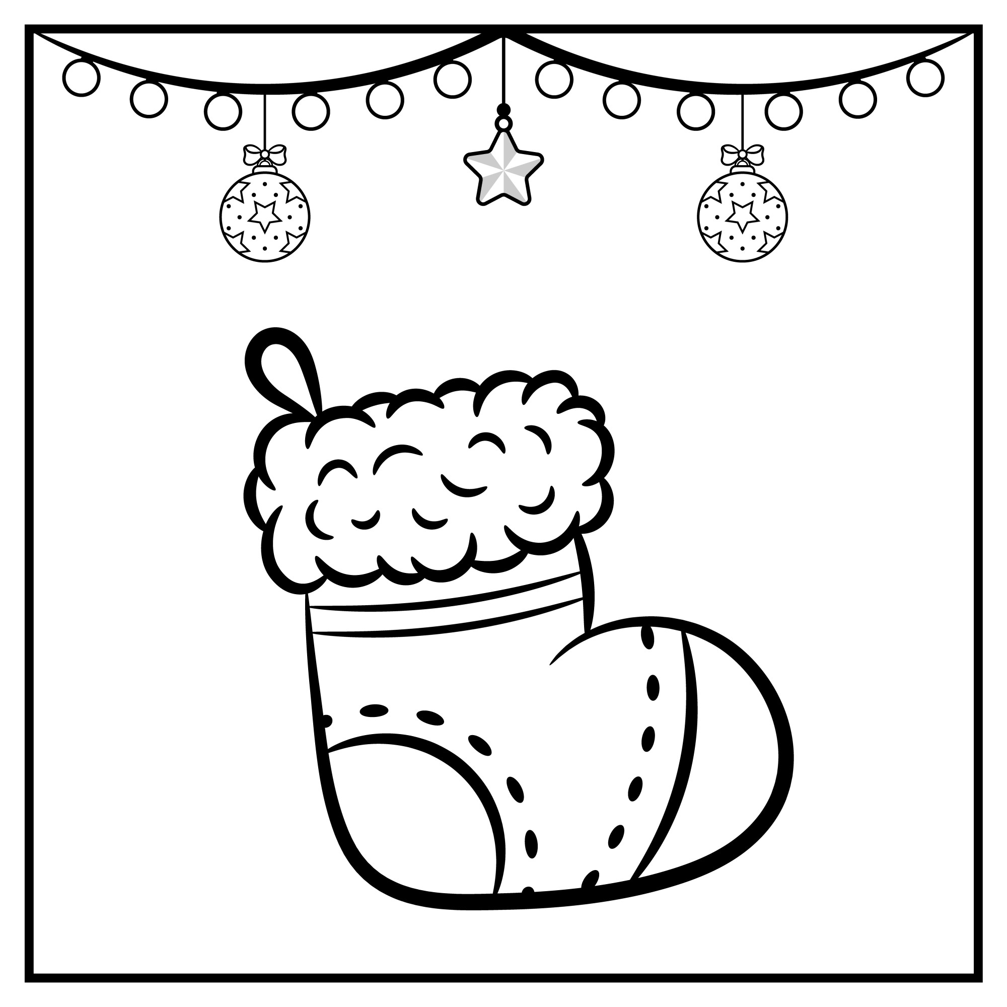 Раскраска для детей: рождественский носок и ёлочные игрушки