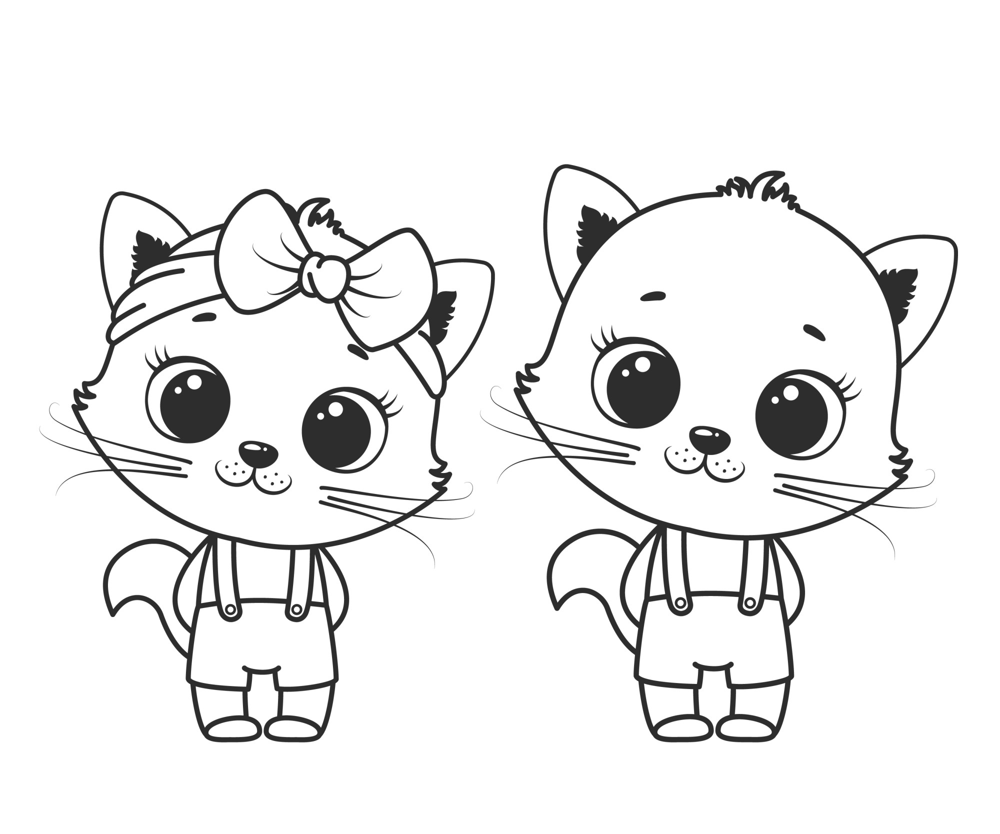 Раскраска для детей: мультяшные кот и кошечка с бантиком