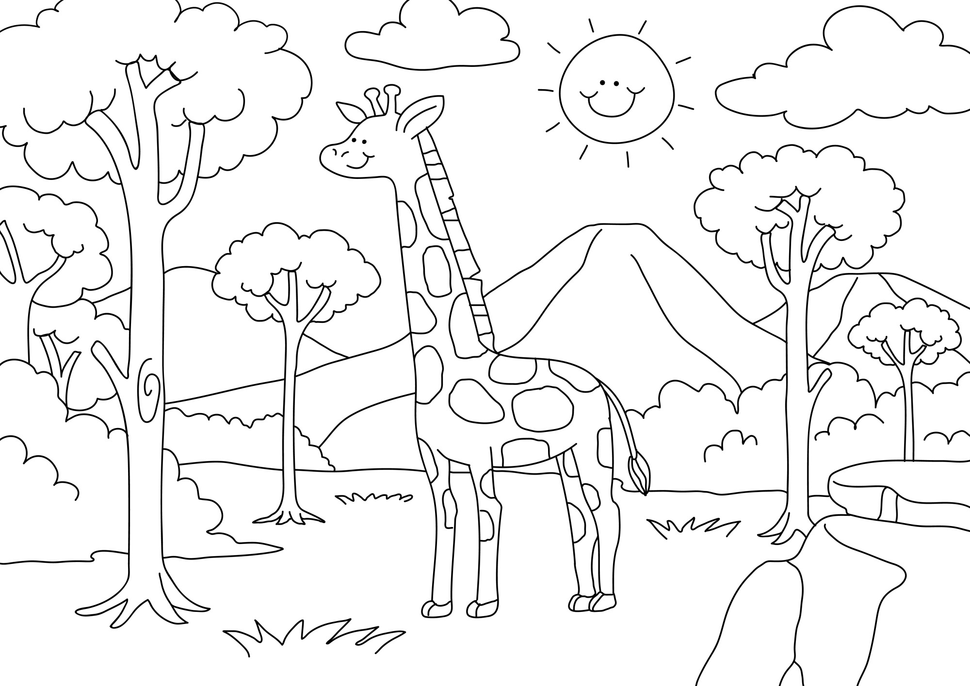Раскраска для детей: жираф в лесу на фоне гор