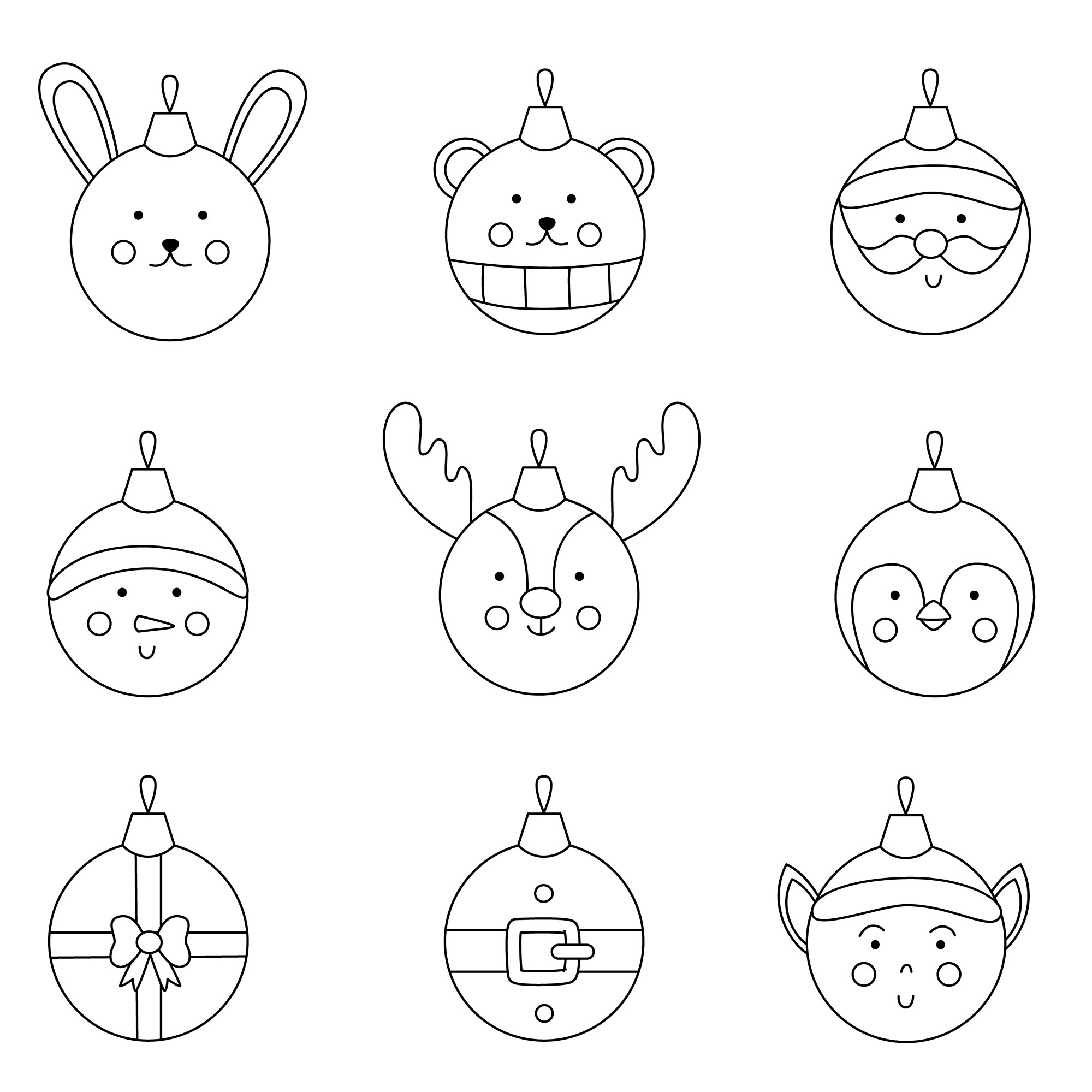 Раскраска для детей: коллекция ёлочных шаров с лицами животных
