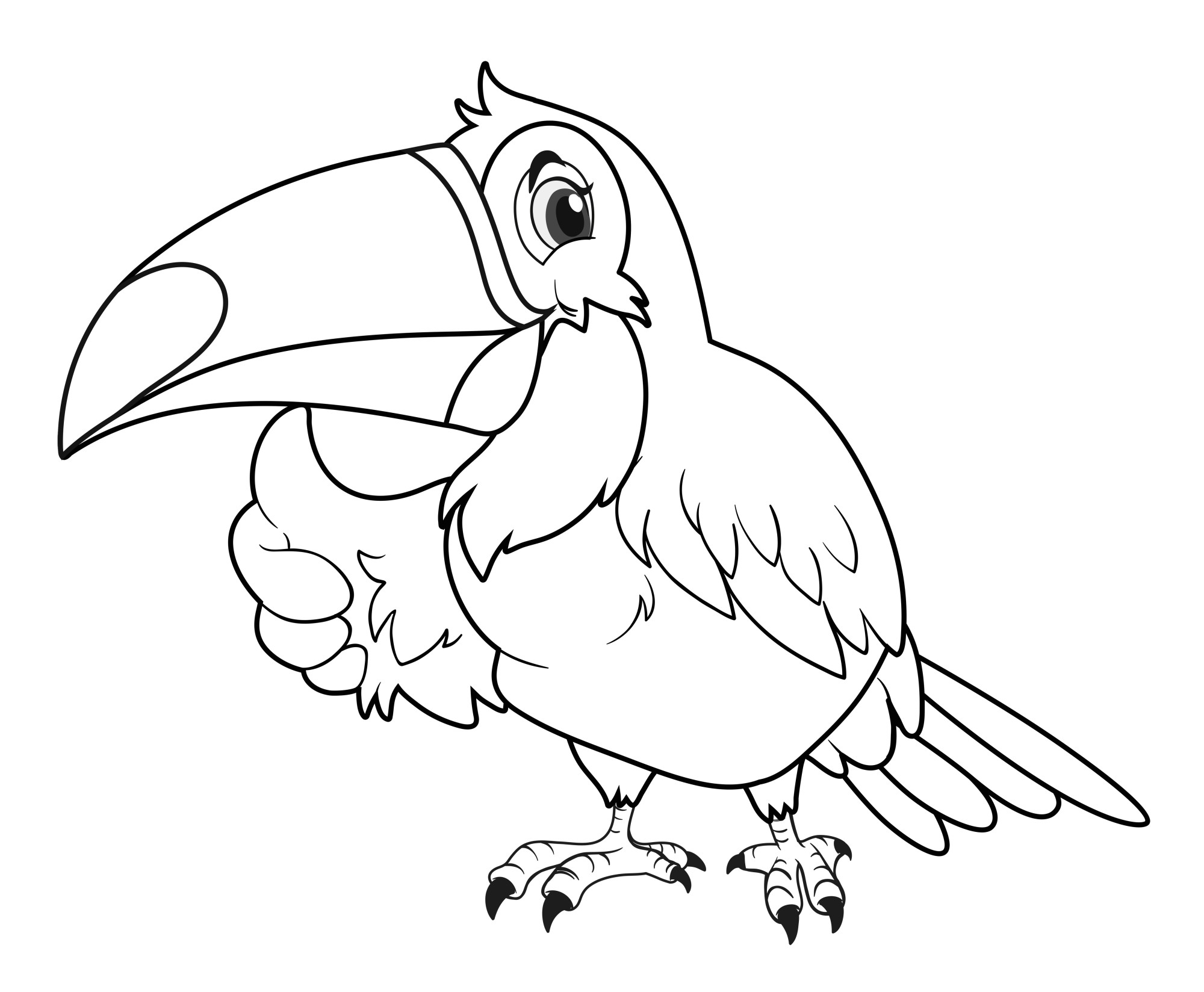 Раскраска для детей: мультяшная птица тукан с поднятым крылом