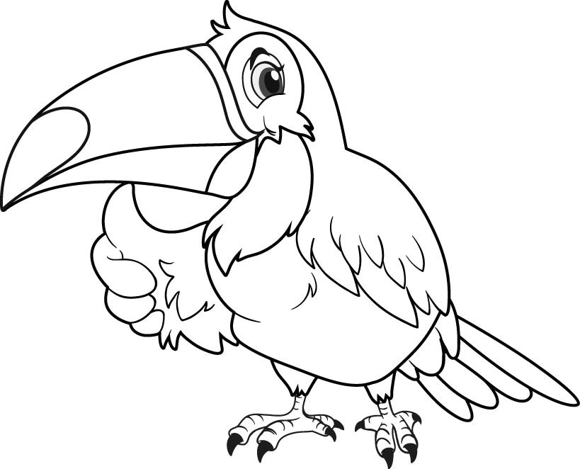 Раскраска для детей: птица тукан с большим клювом и поднятым крылом