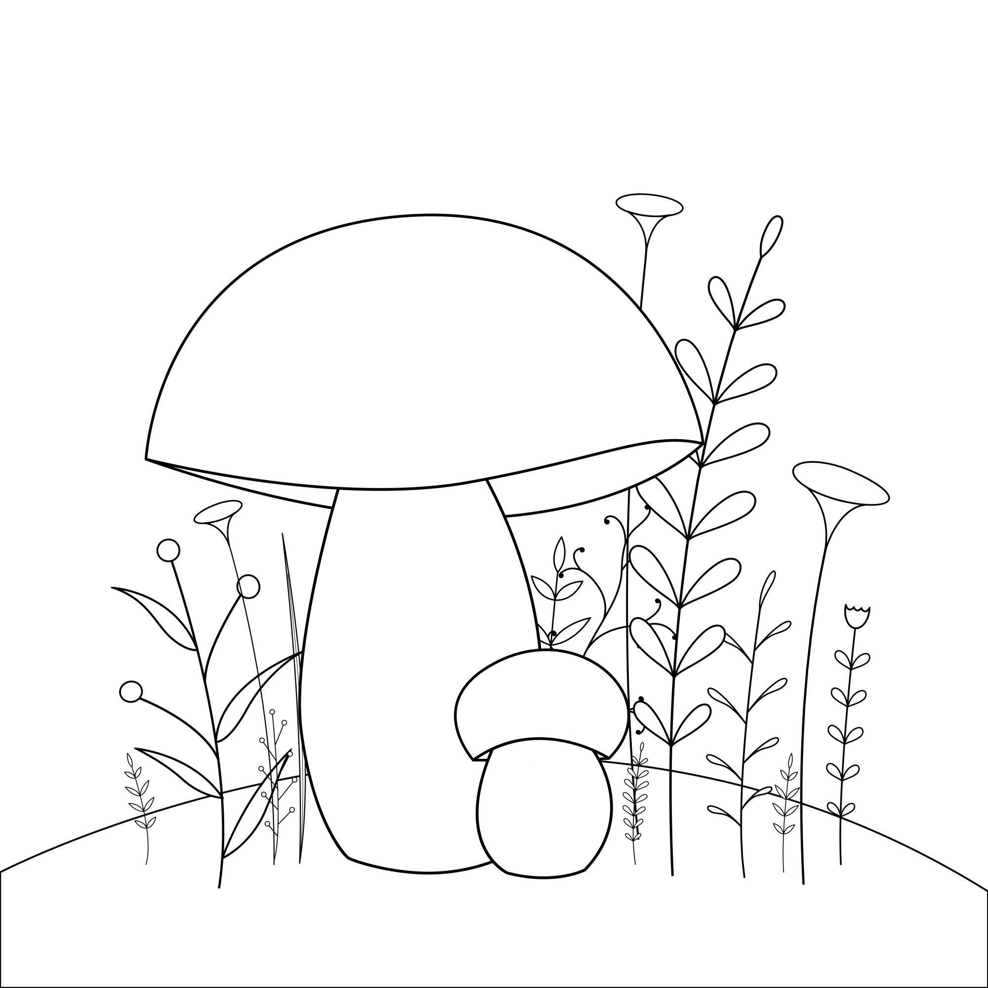 Раскраска для детей: эстетичные грибы на полянке