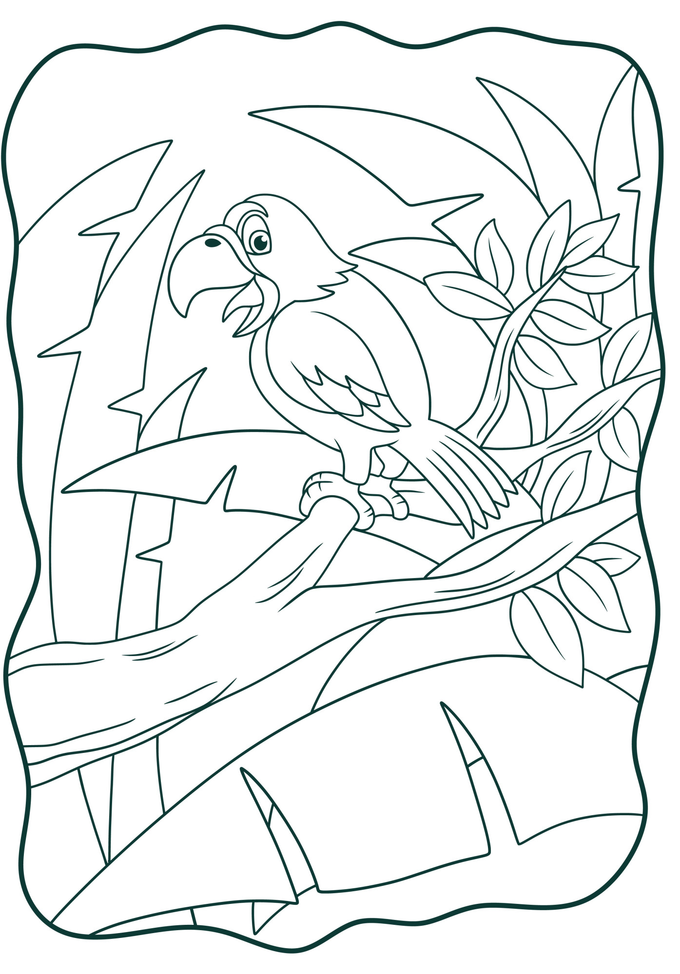 Раскраска для детей: попугай щебечет на стволе тропического дерева