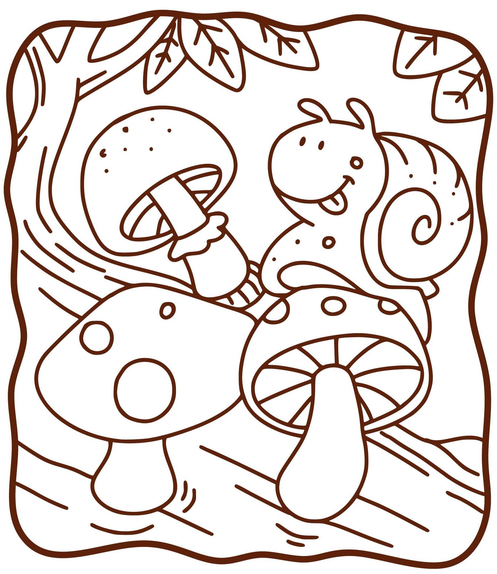 Раскраска для детей: гриб с улиткой