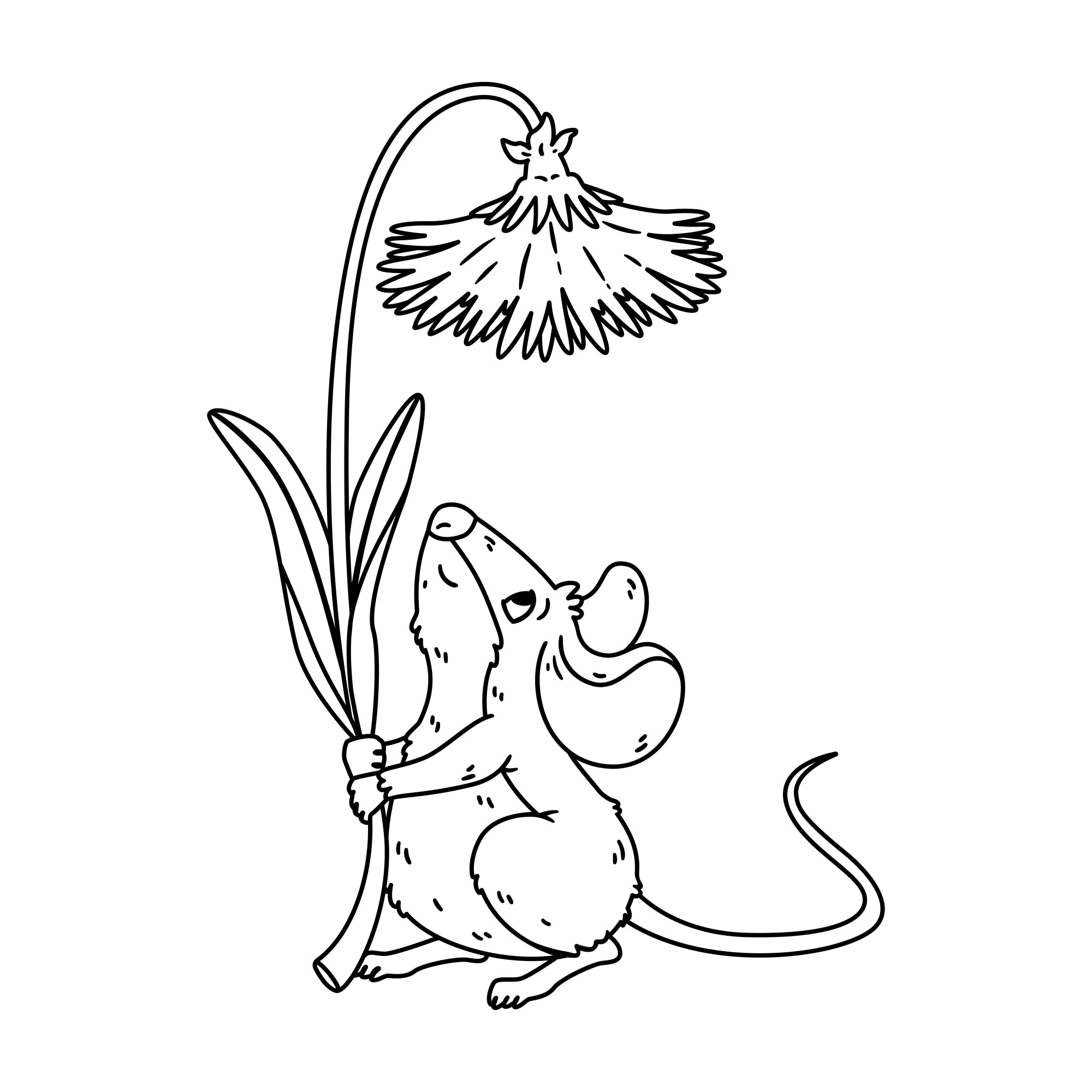 Раскраска для детей: мышонок с цветком в поле