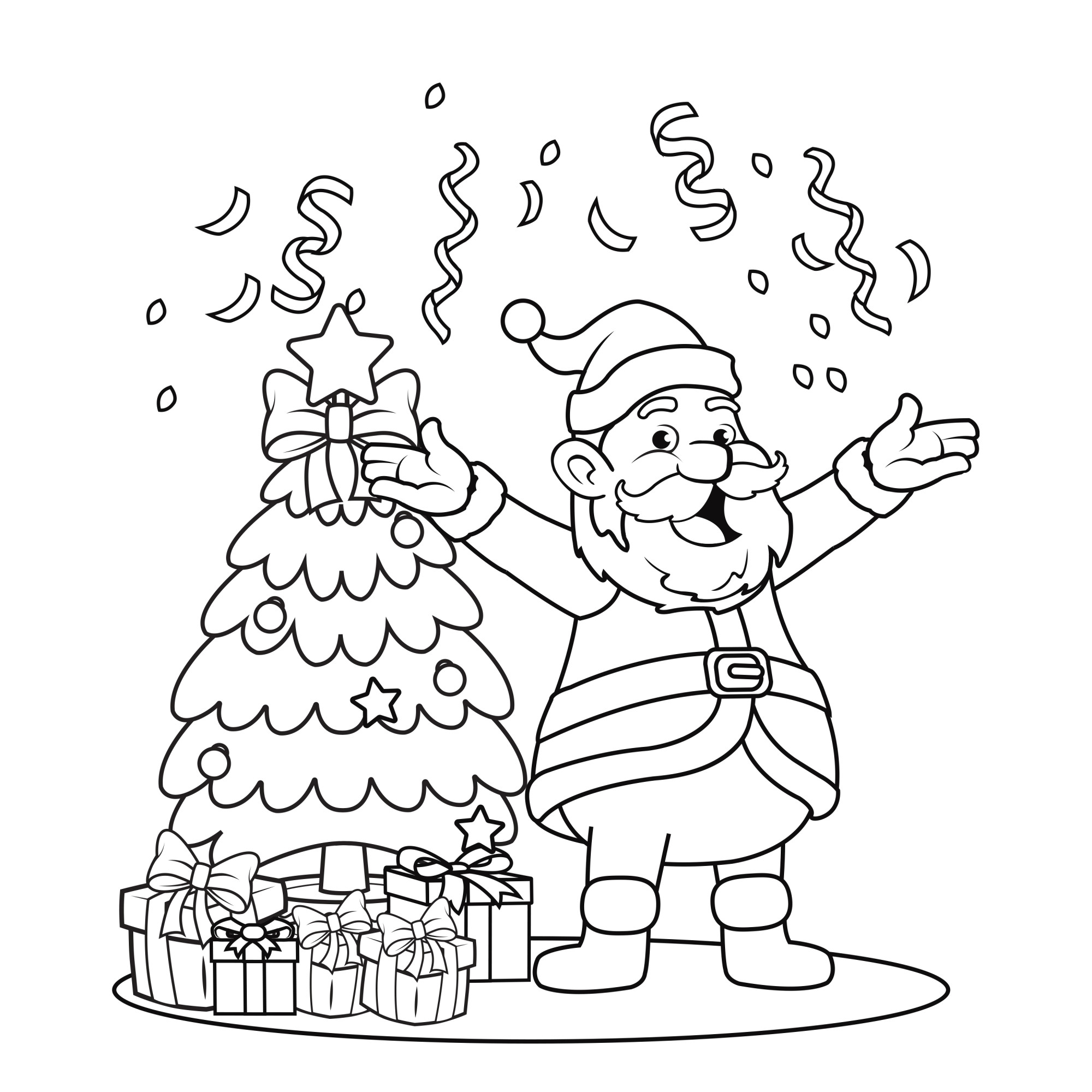 Раскраска для детей: дед мороз стоит у ёлки с подарками