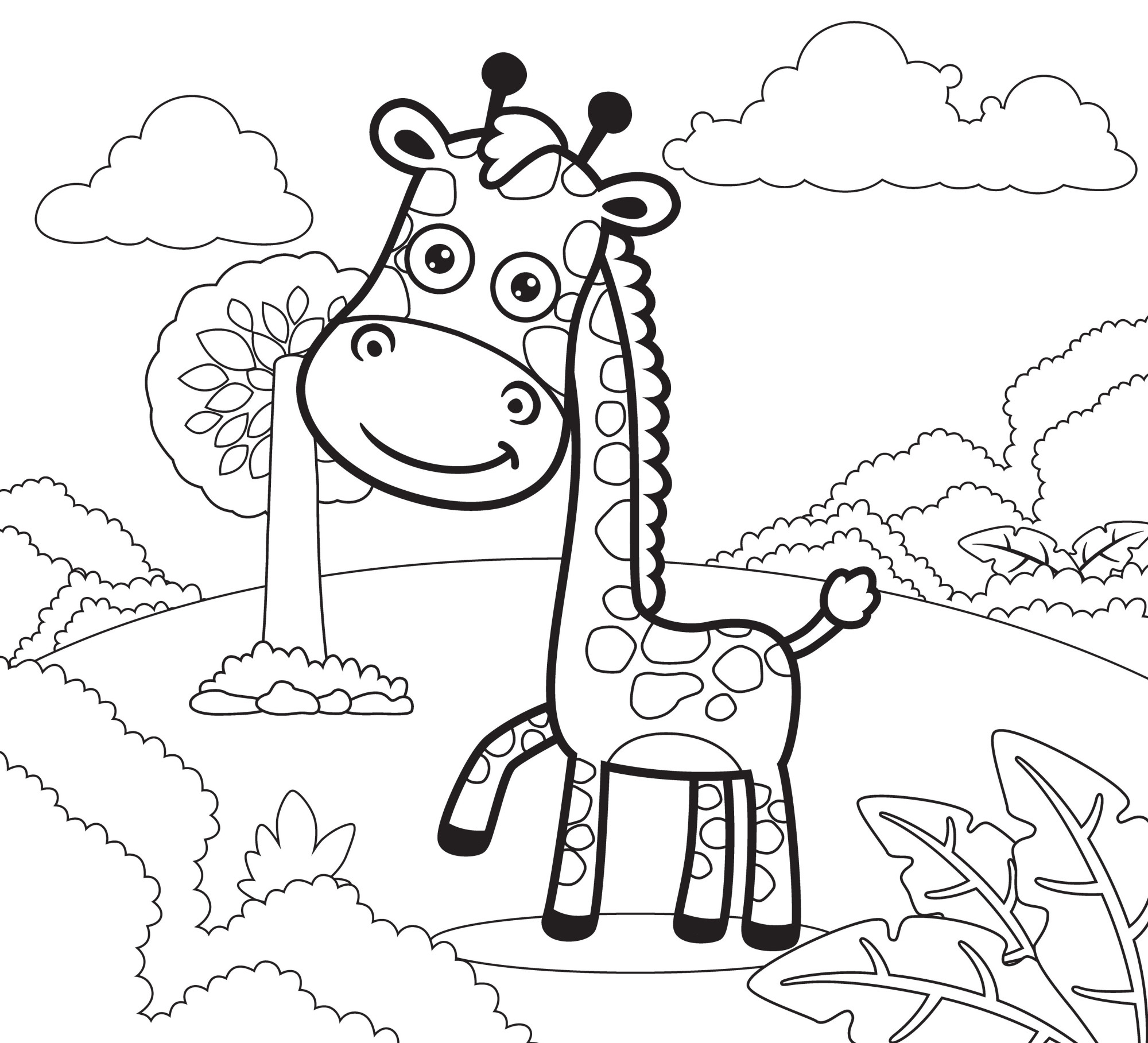 Раскраска для детей: мультяшный жираф на опушке леса