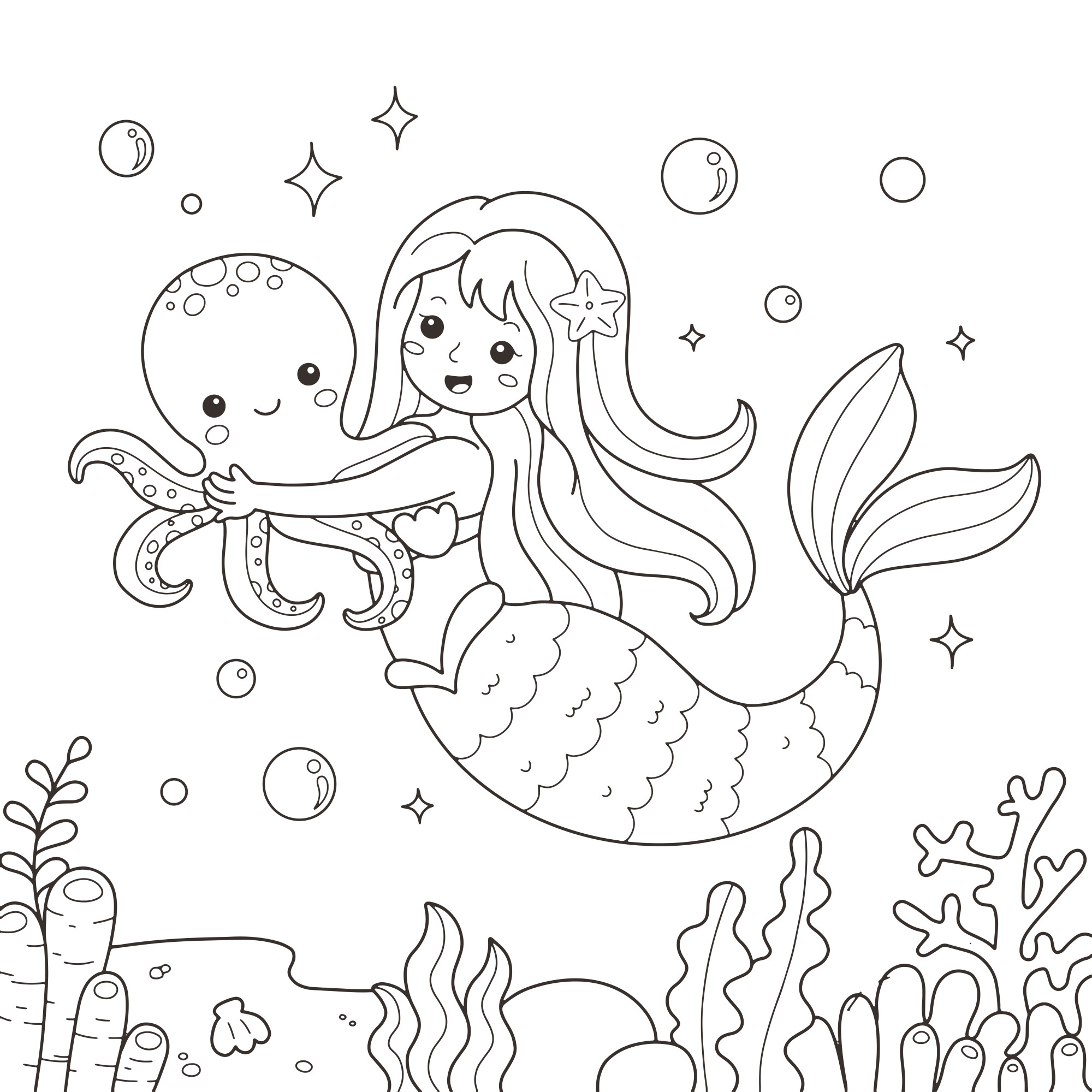 Раскраска для детей: русалочка и осьминог под водой