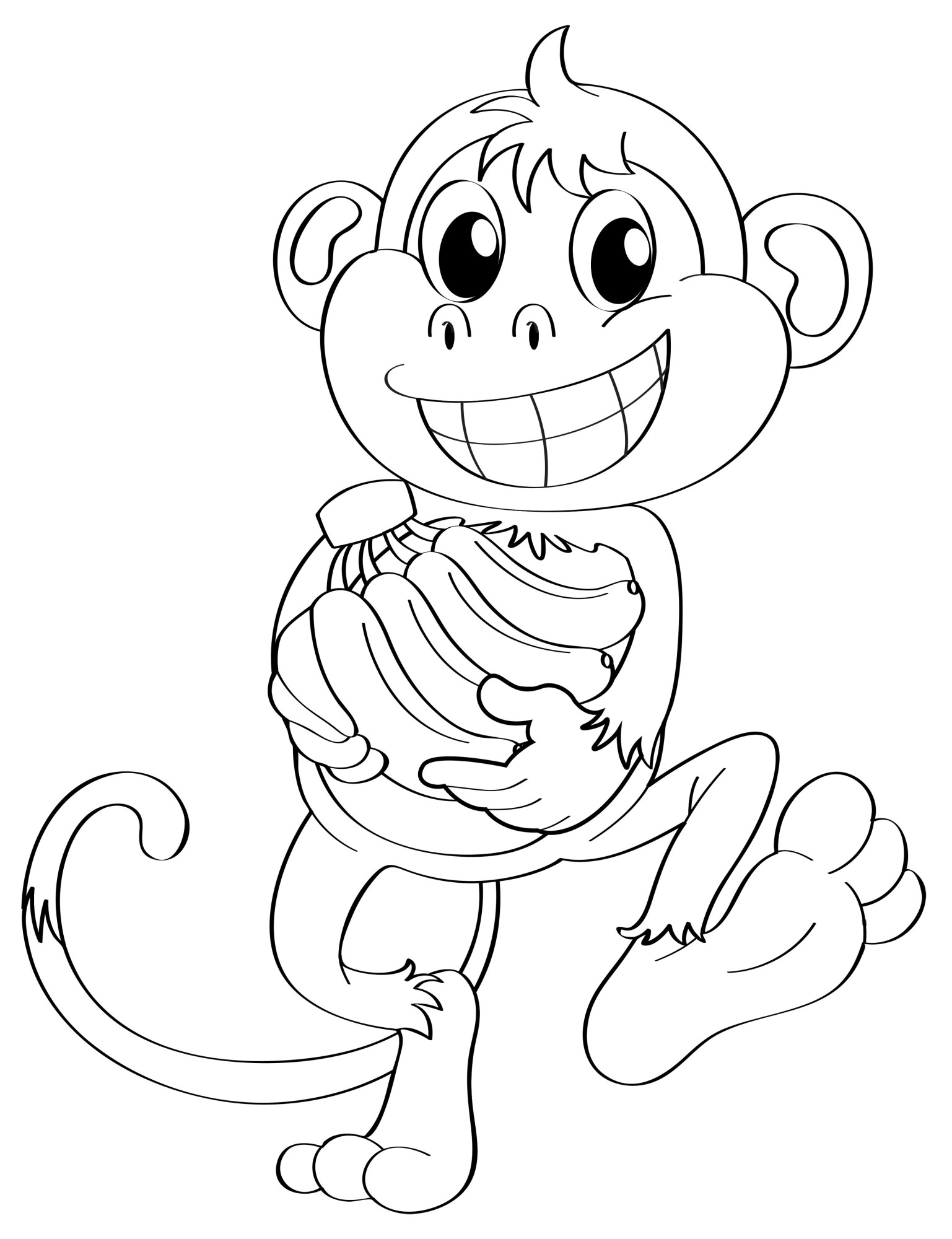 Раскраска для детей: обезьяна с широкой улыбкой на лице несет в руках связку бананов