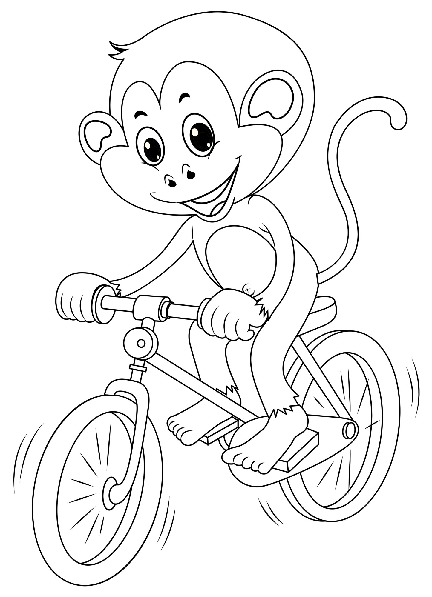 Раскраска для детей: счастливая обезьяна катается на велосипеде