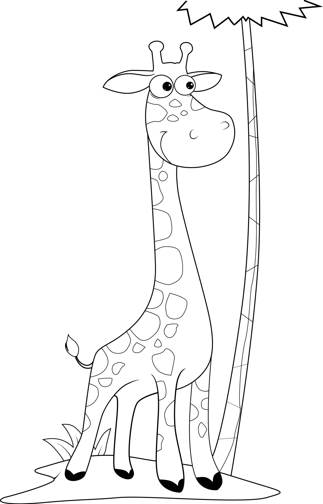 Раскраска для детей: жираф под пальмой